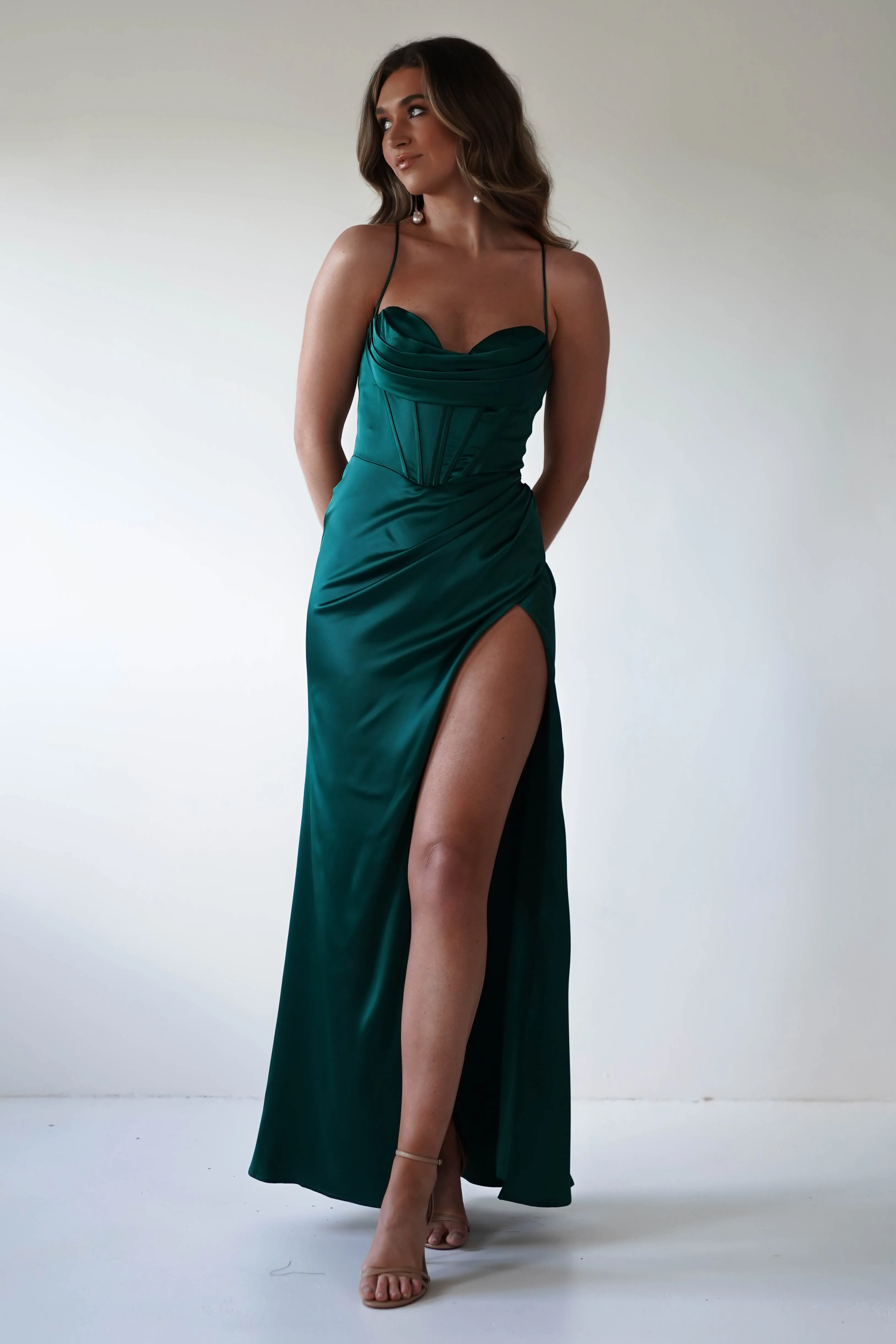 Julianne Corset Satin Gown | Emerald Green