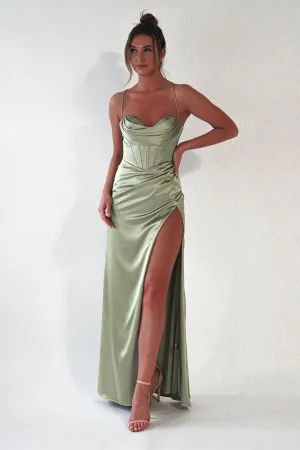 Julianne Corset Satin Gown | Sage