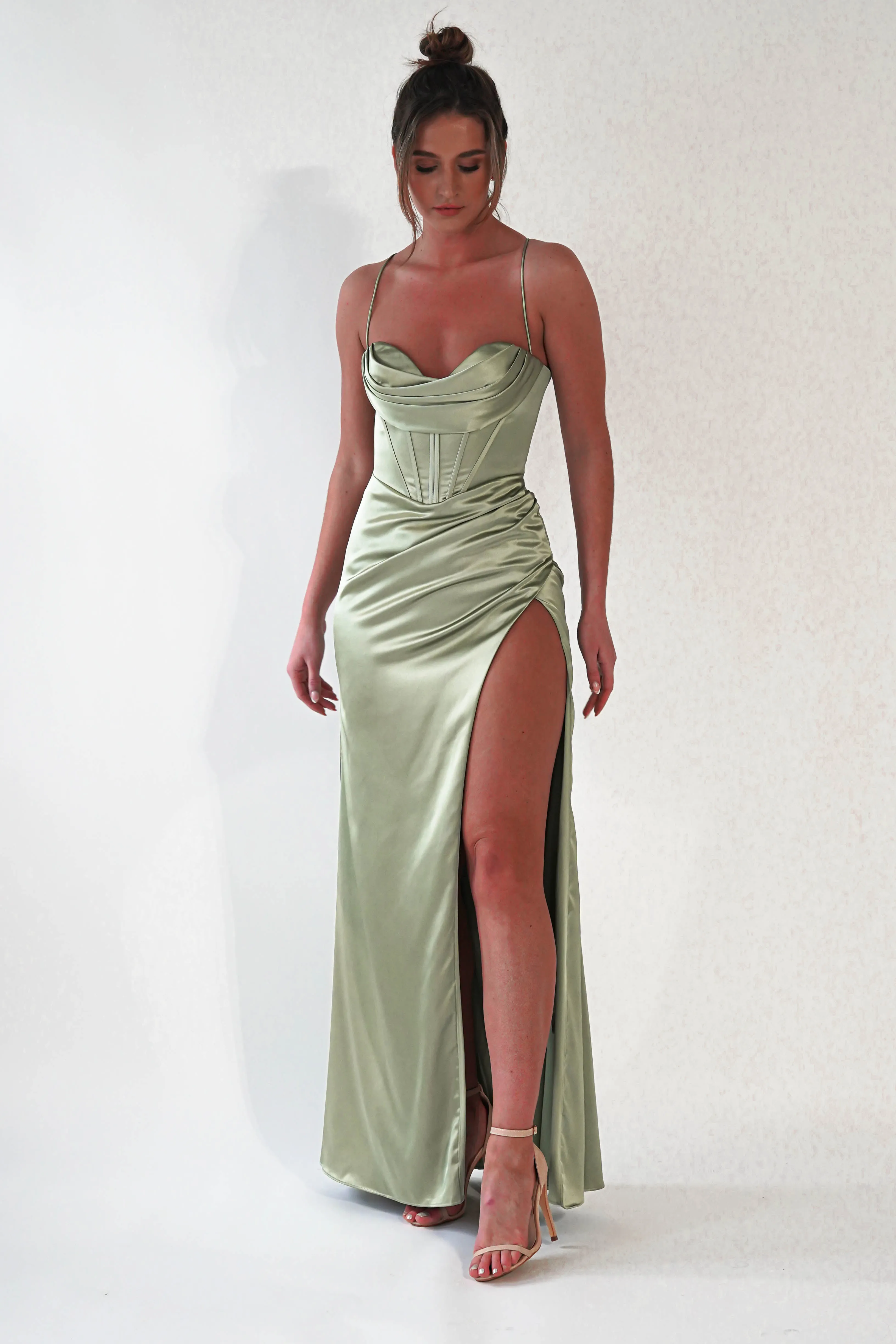 Julianne Corset Satin Gown | Sage