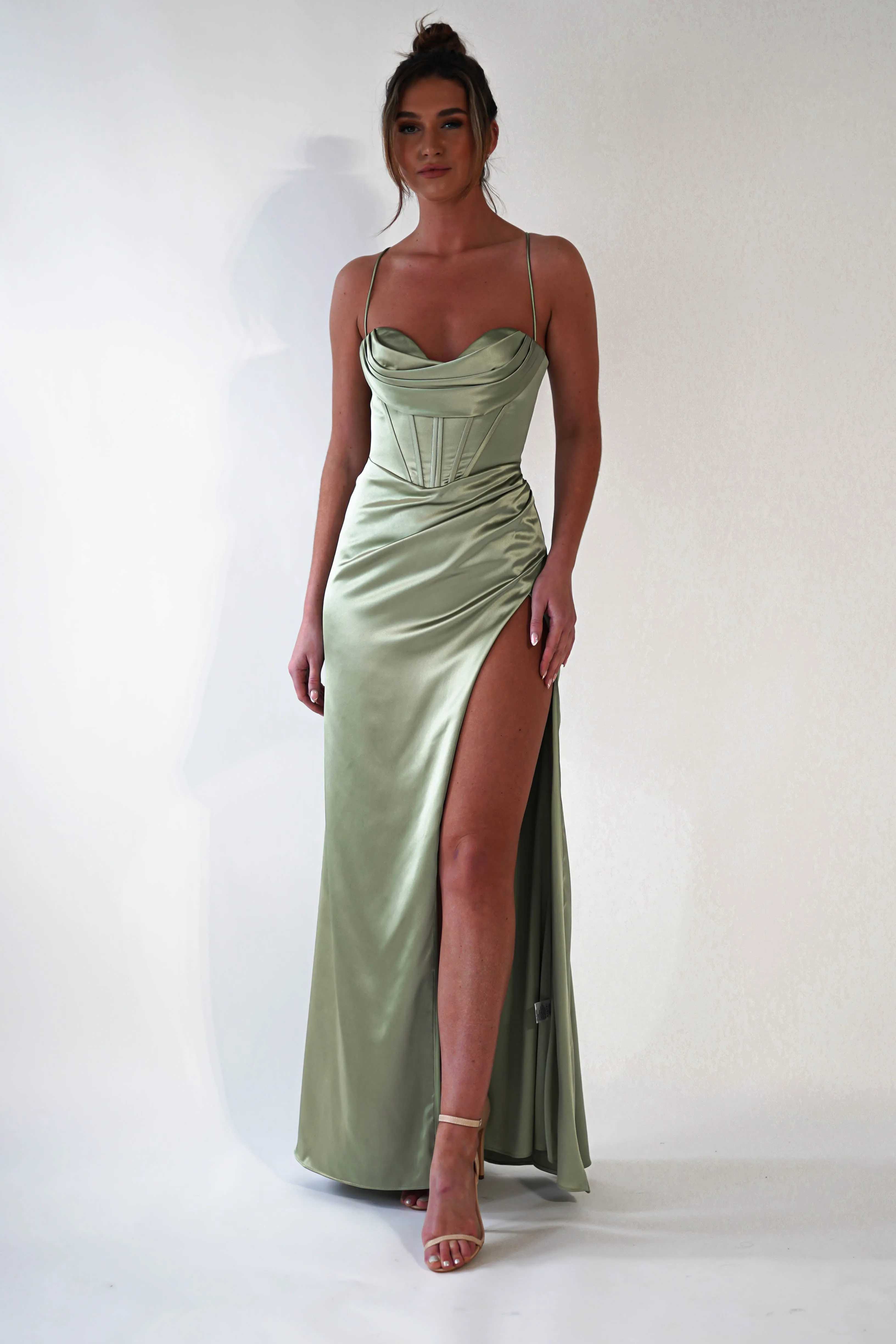 Julianne Corset Satin Gown | Sage