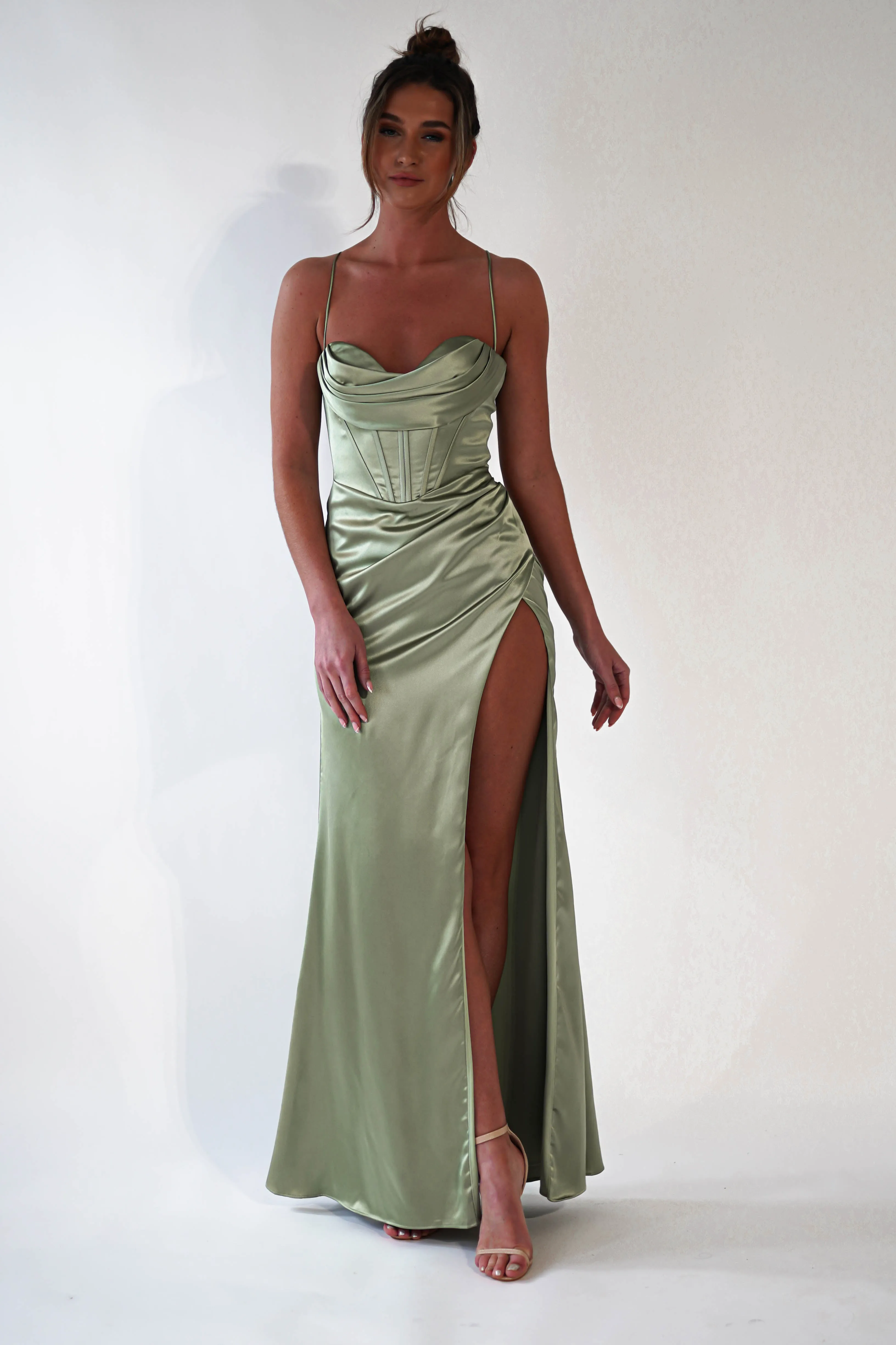 Julianne Corset Satin Gown | Sage