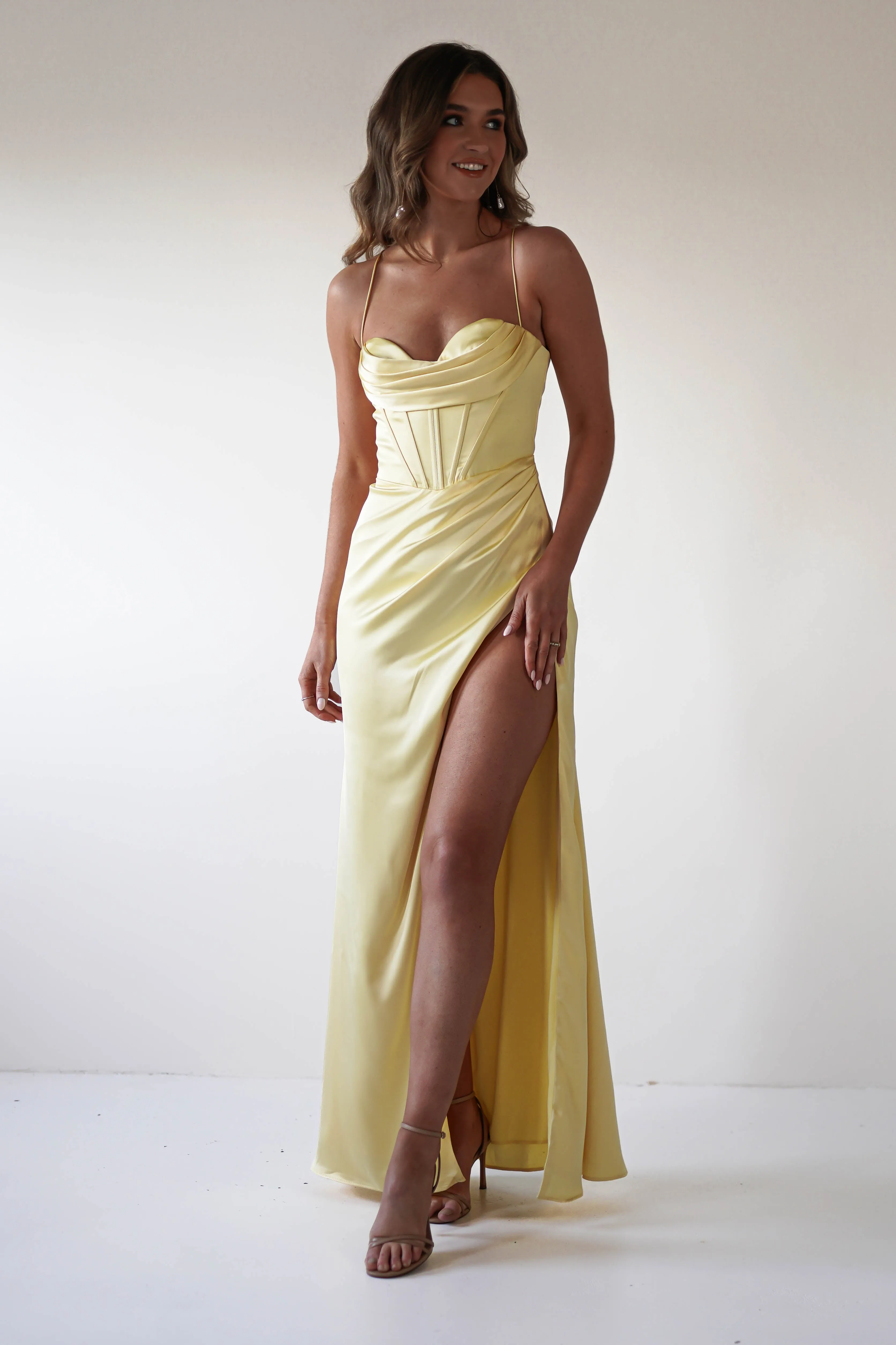 Julianne Corset Satin Gown | Yellow