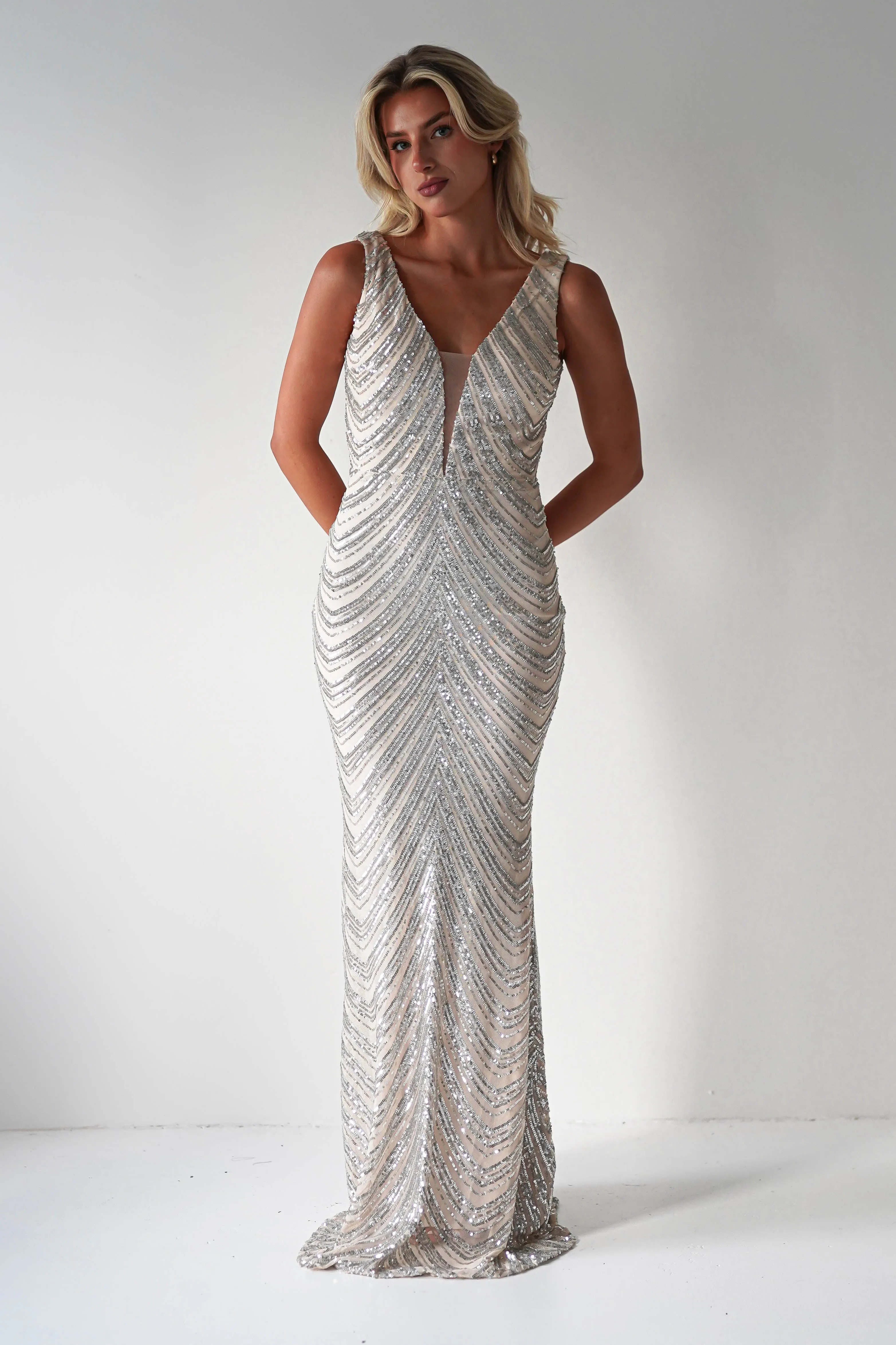 Julietta Sequin Bodycon Maxi Dress | Silver/Nude