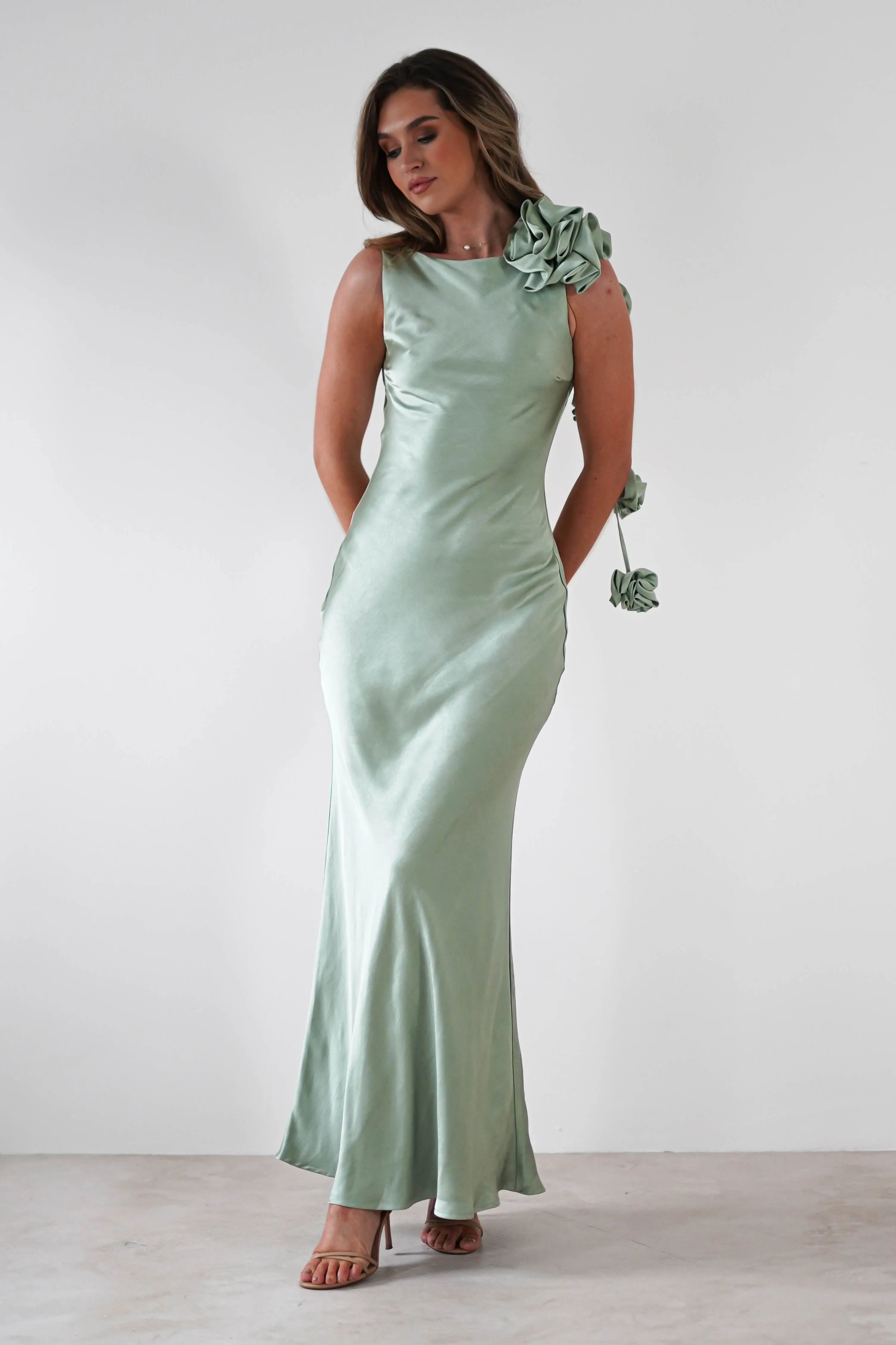 Karley Soft Satin Maxi Dress | Sage Green
