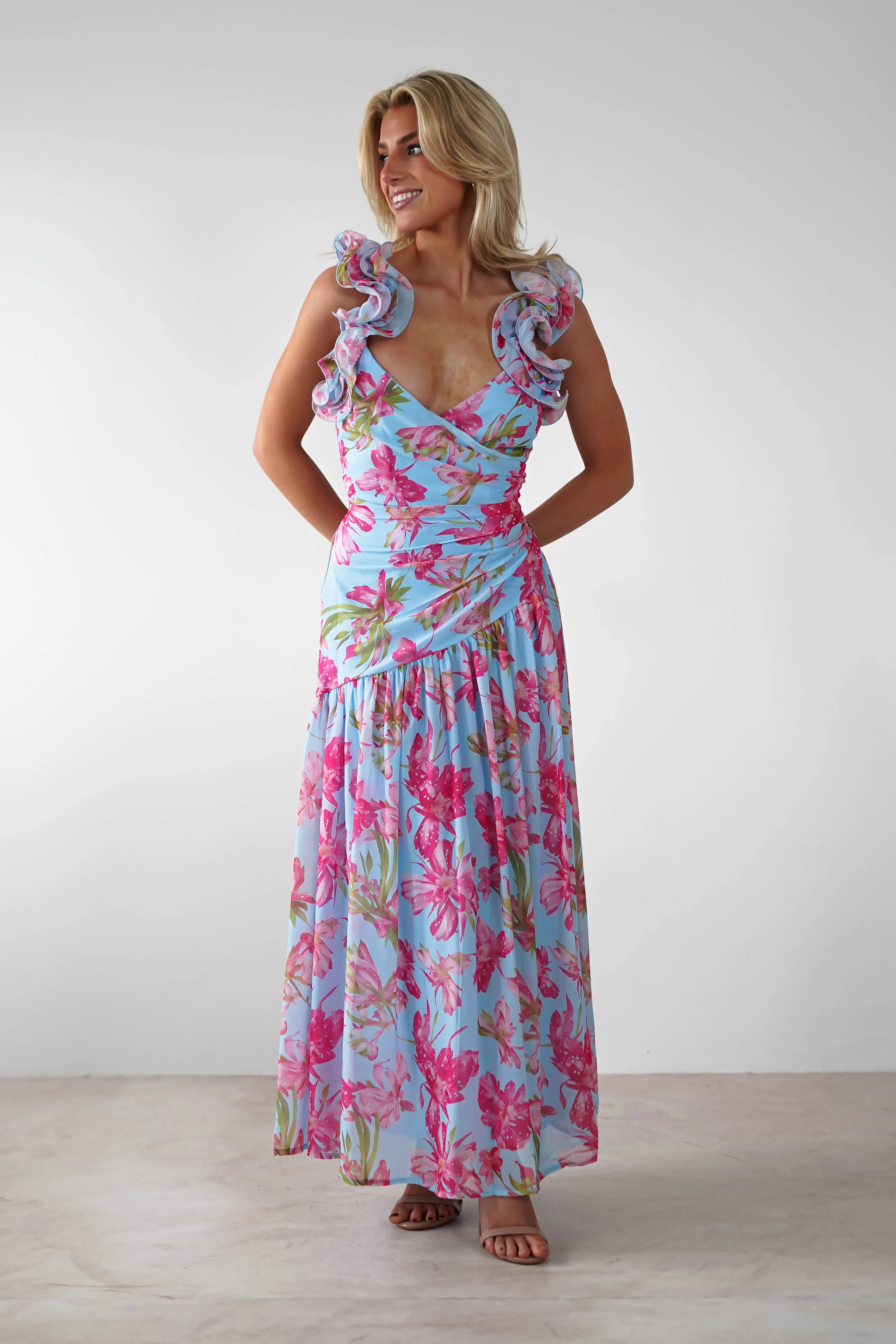Karmen Ruffle Floral Midaxi Dress | Blue/Pink