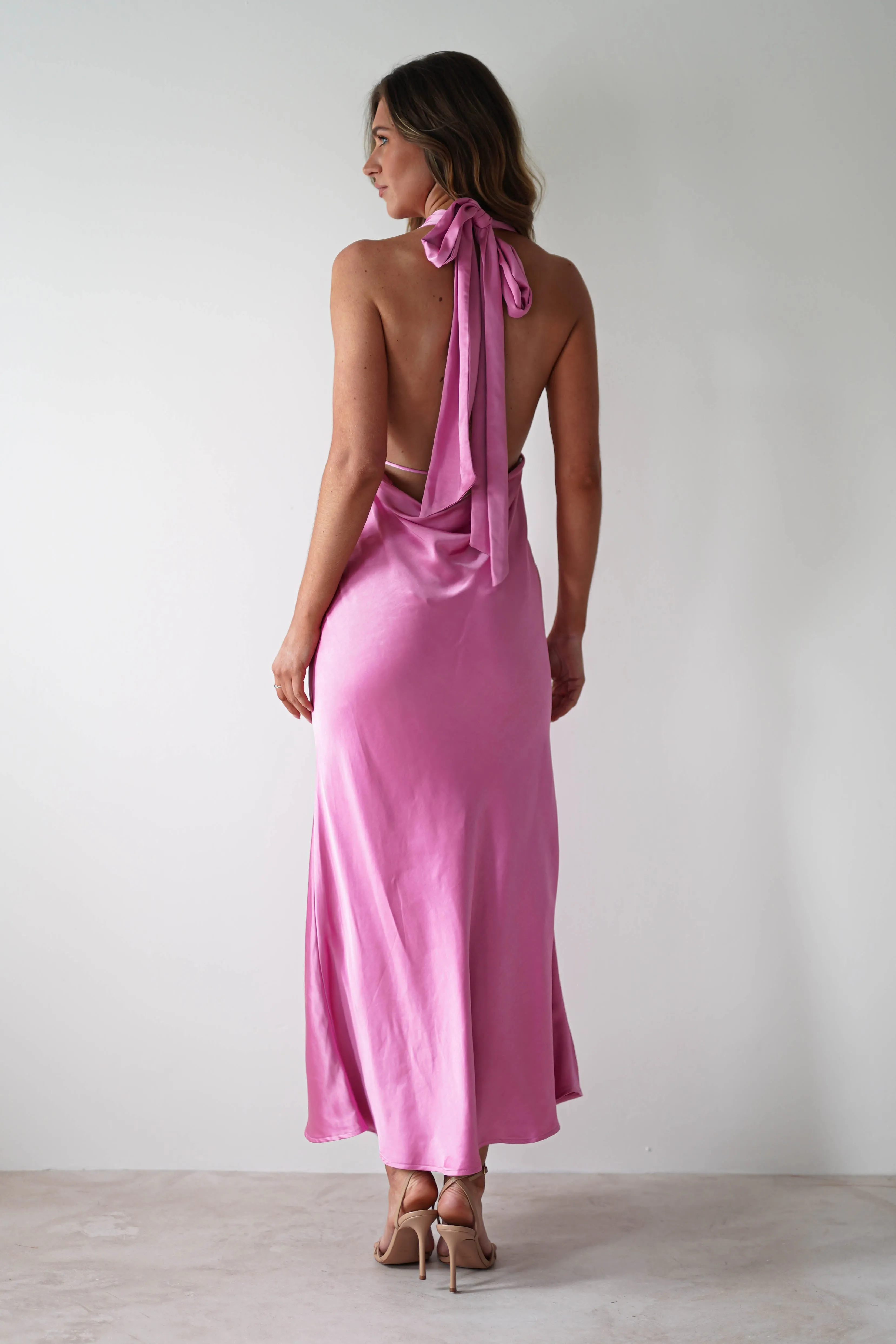 Kaylah Satin Halter Neck Maxi Dress | Bright Pink