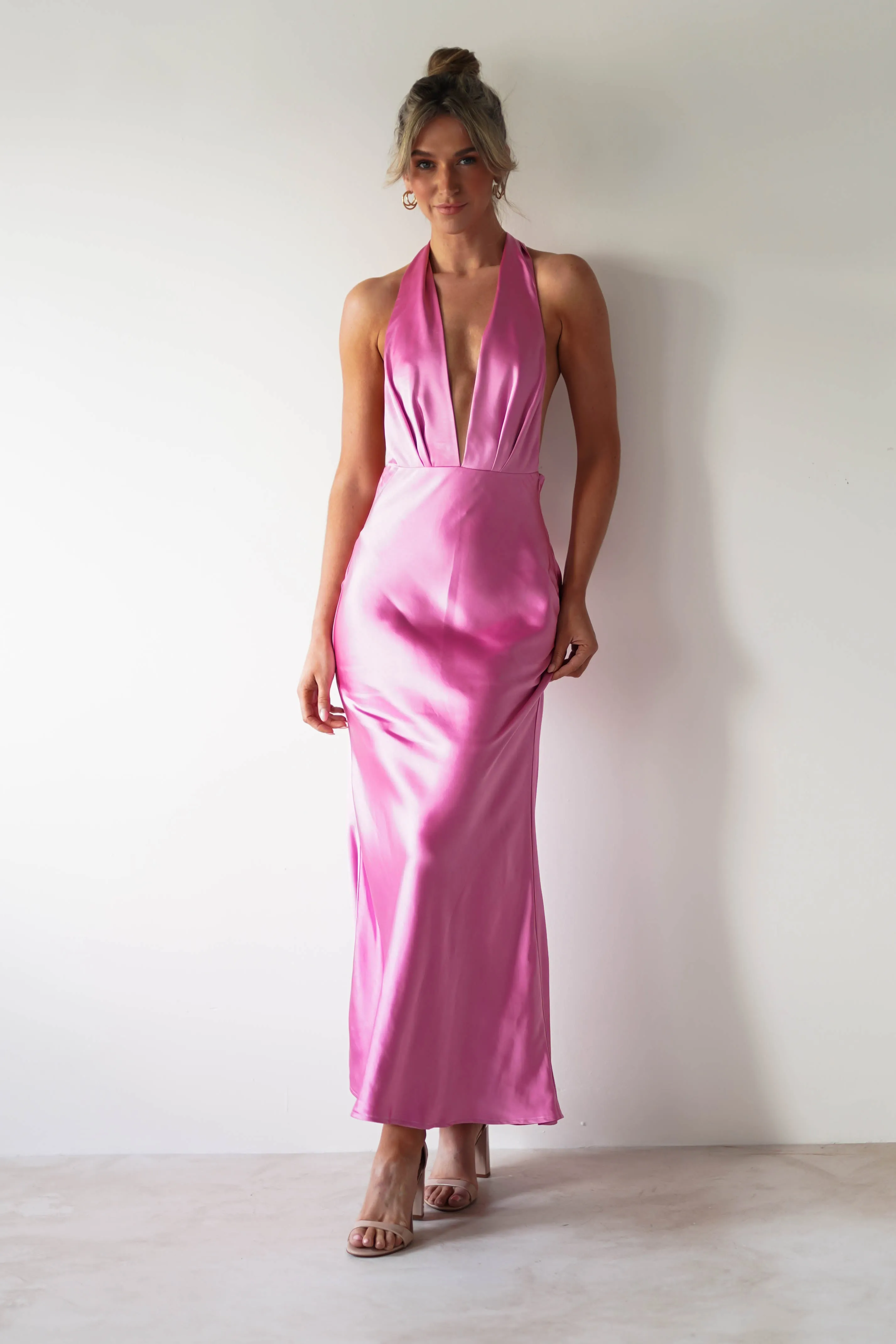 Kaylah Satin Halter Neck Maxi Dress | Bright Pink