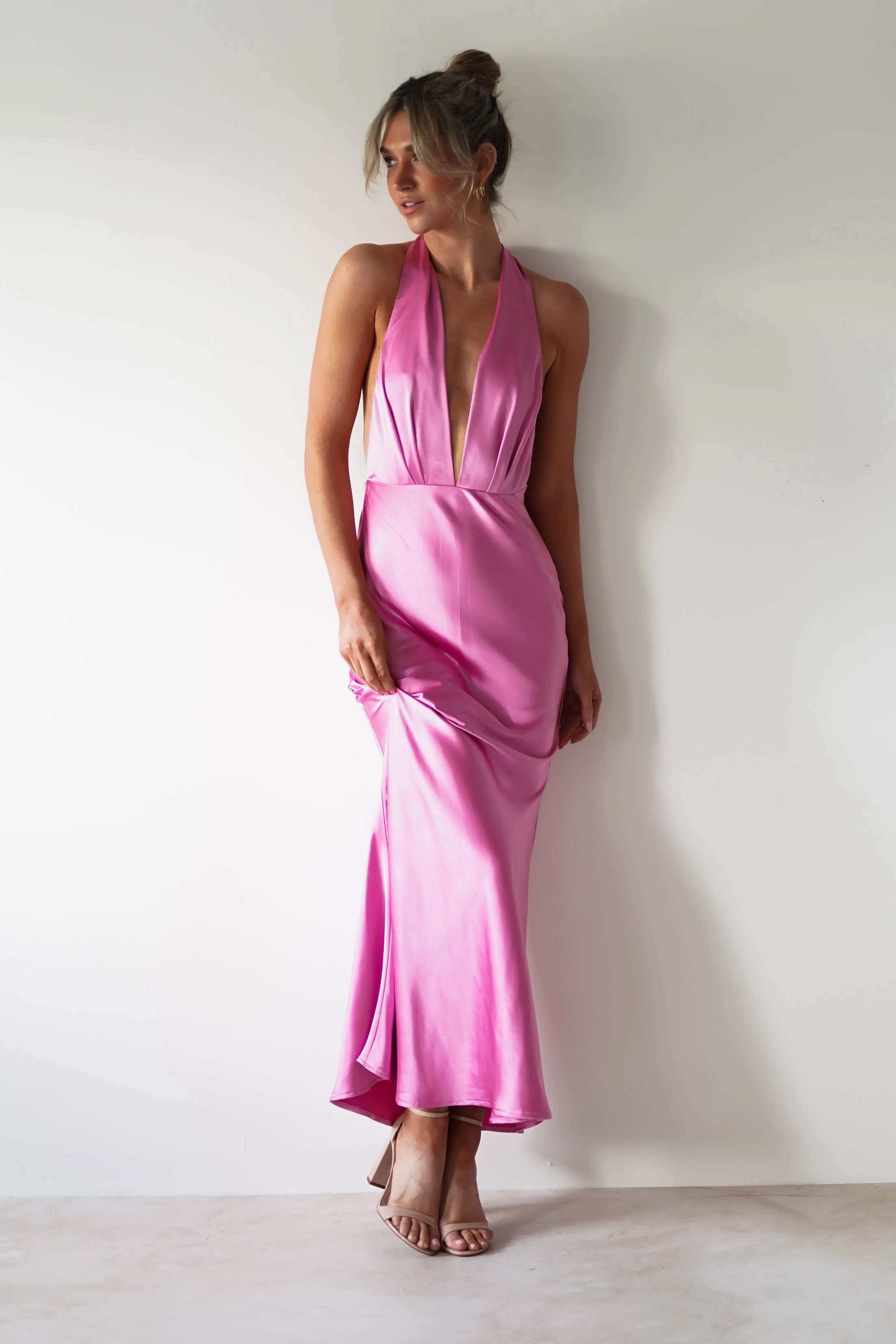Kaylah Satin Halter Neck Maxi Dress | Bright Pink