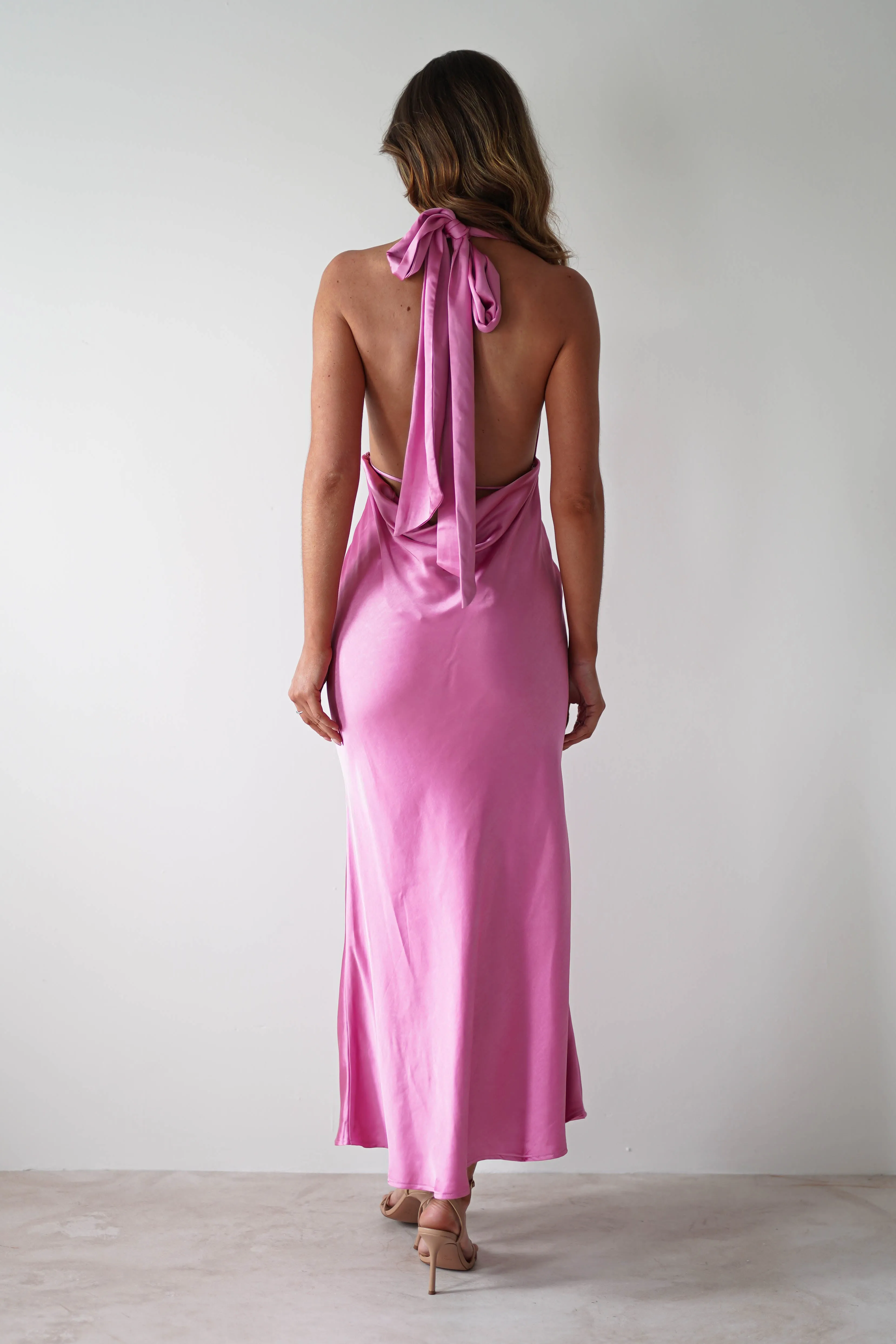 Kaylah Satin Halter Neck Maxi Dress | Bright Pink