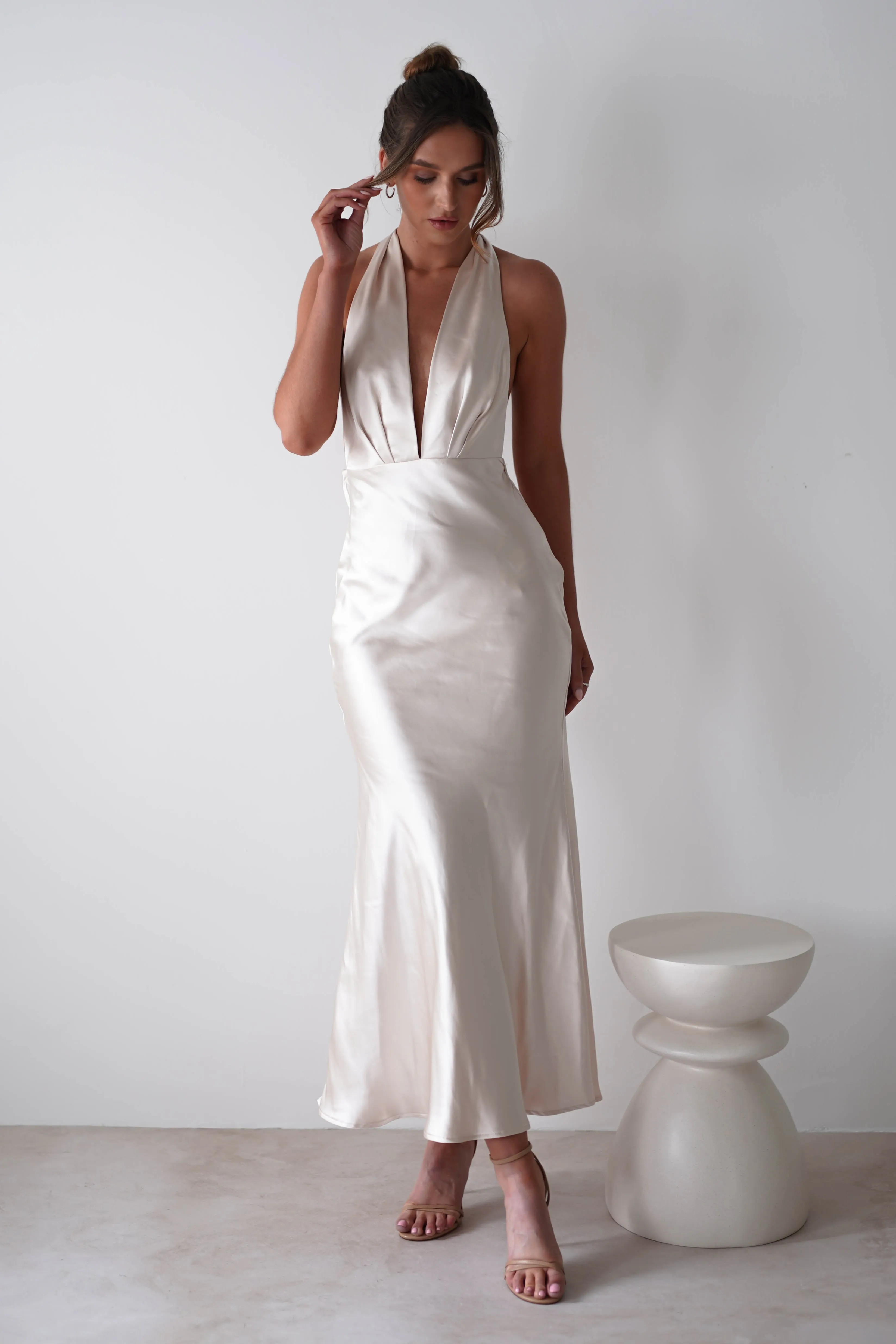 Kaylah Satin Halter Neck Maxi Dress | Champagne