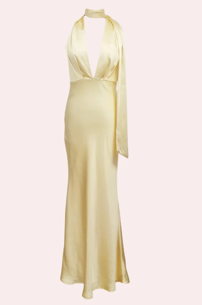 Kaylah Satin Halter Neck Maxi Dress | Yellow