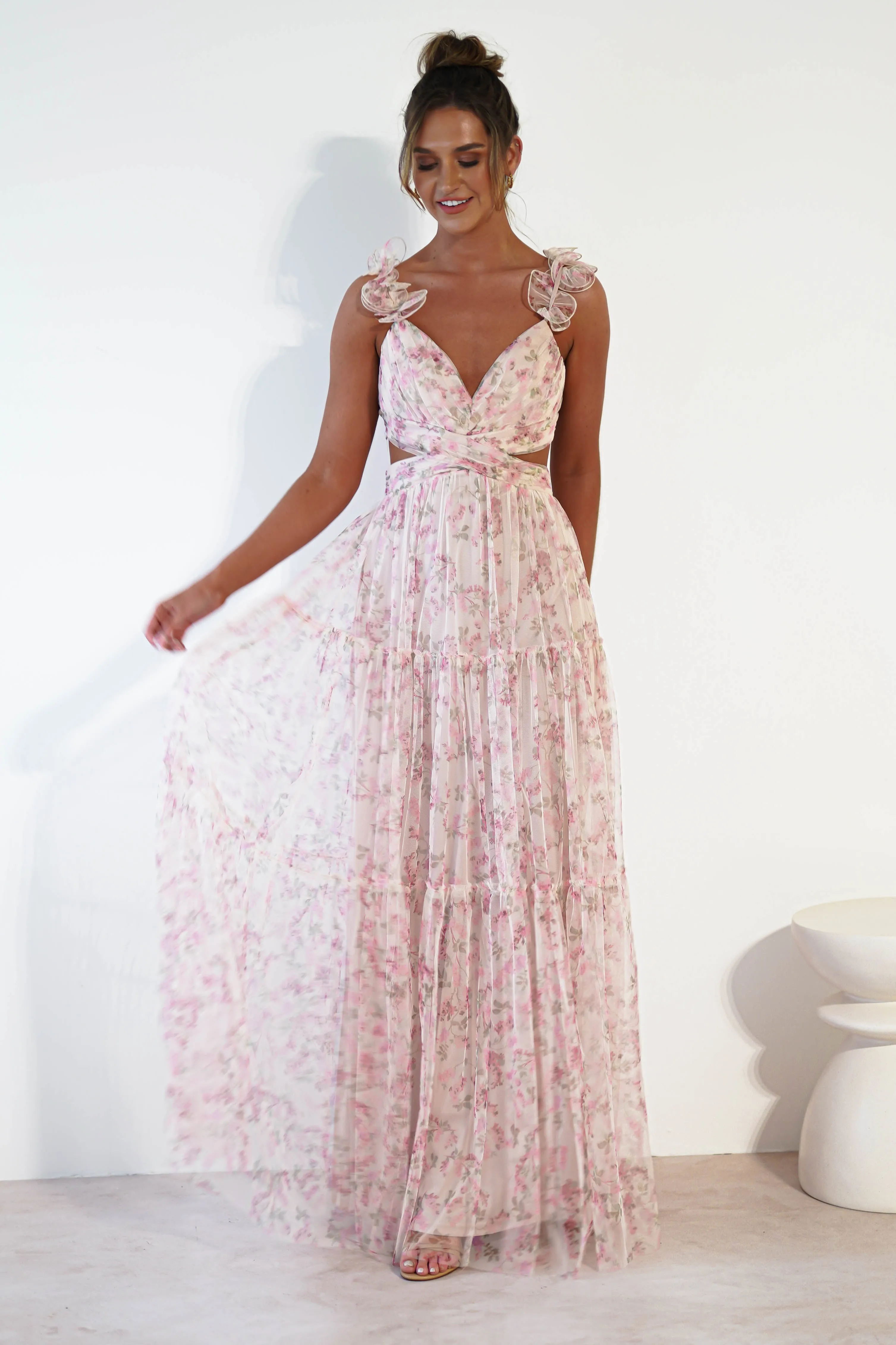 Khristina Floral Tulle Maxi Dress | Cream
