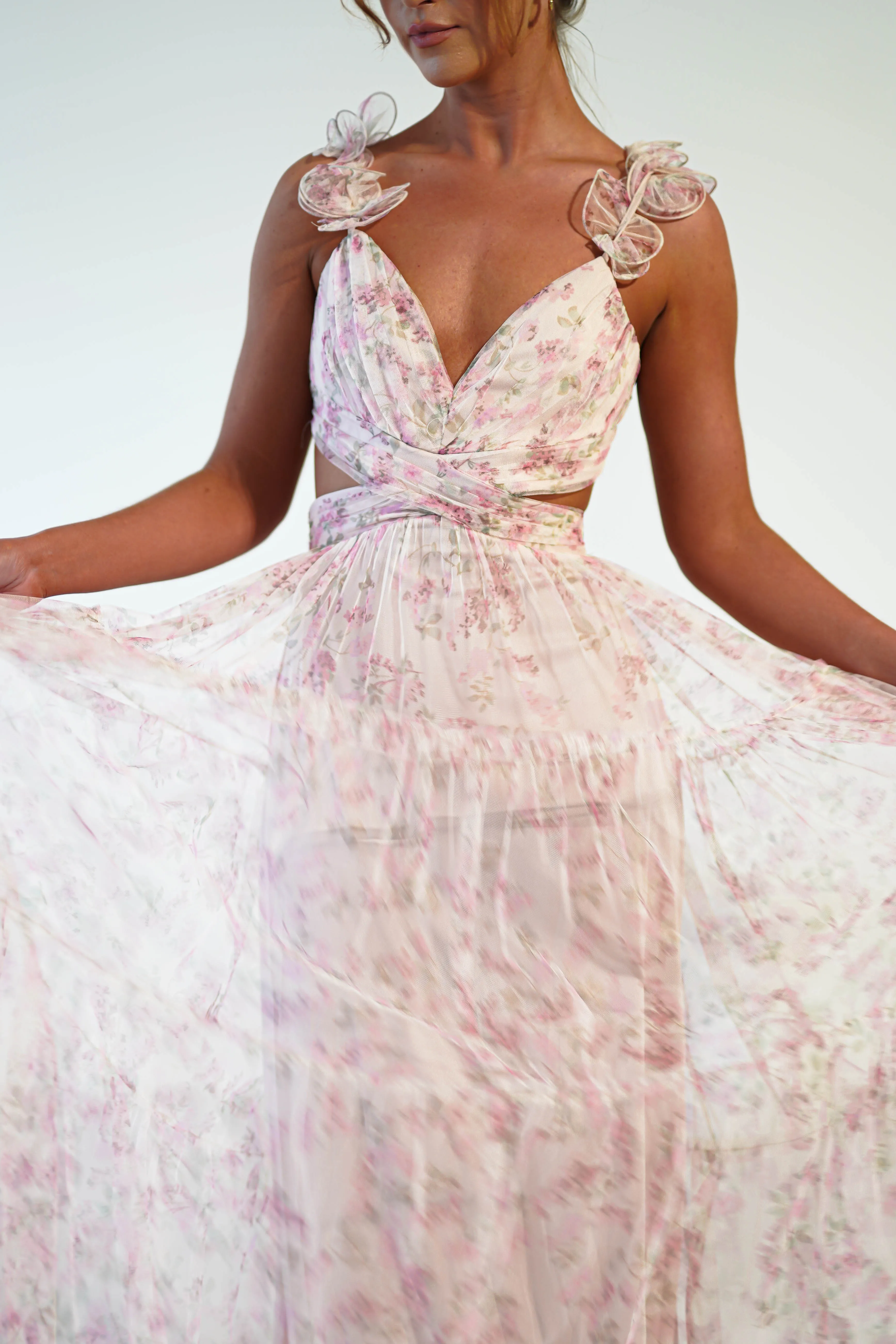 Khristina Floral Tulle Maxi Dress | Cream