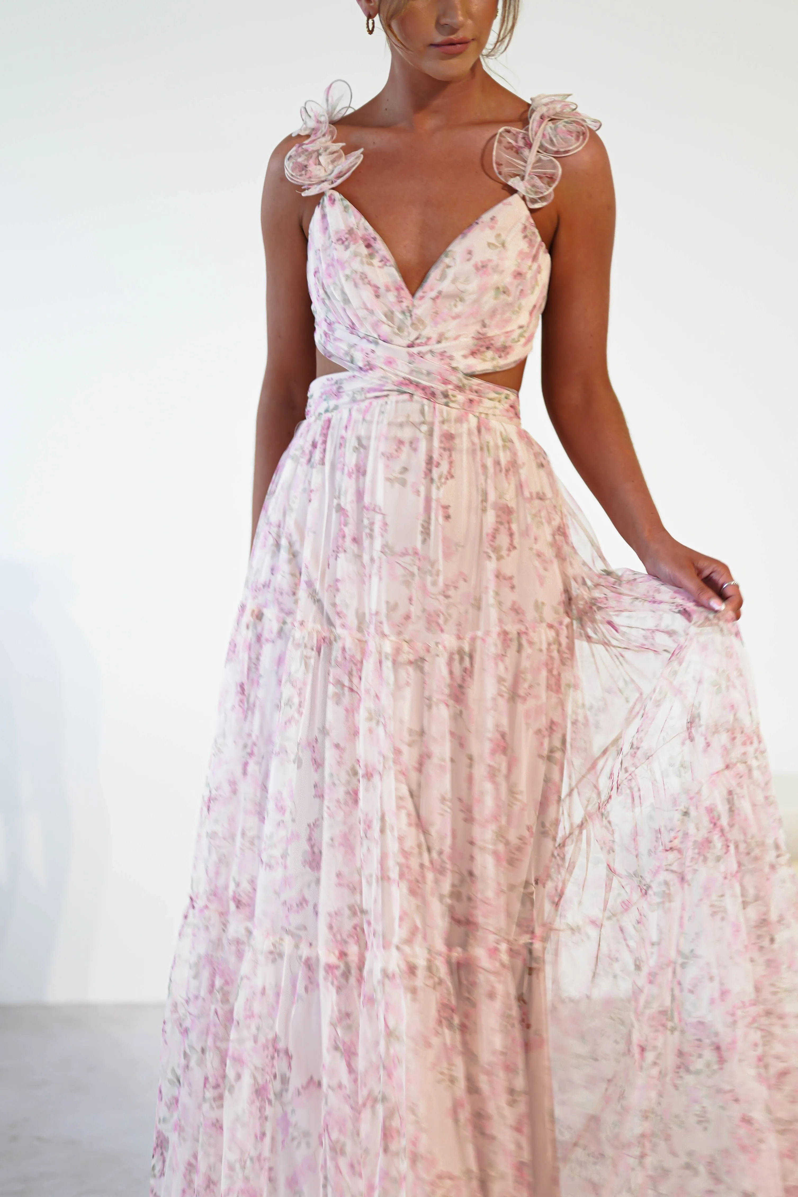 Khristina Floral Tulle Maxi Dress | Cream