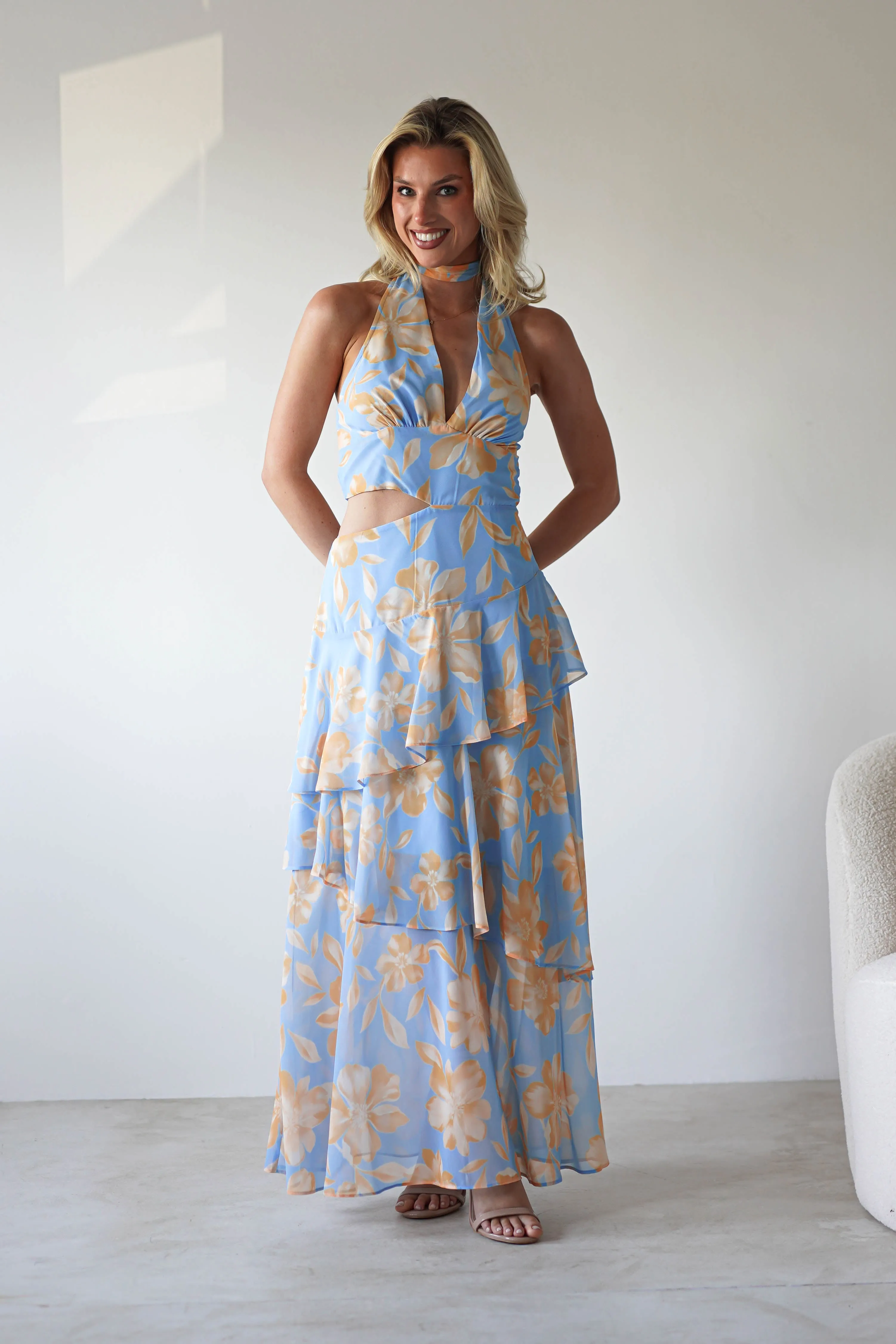 Lohan Ruffle Floral Maxi Print Dress | Blue