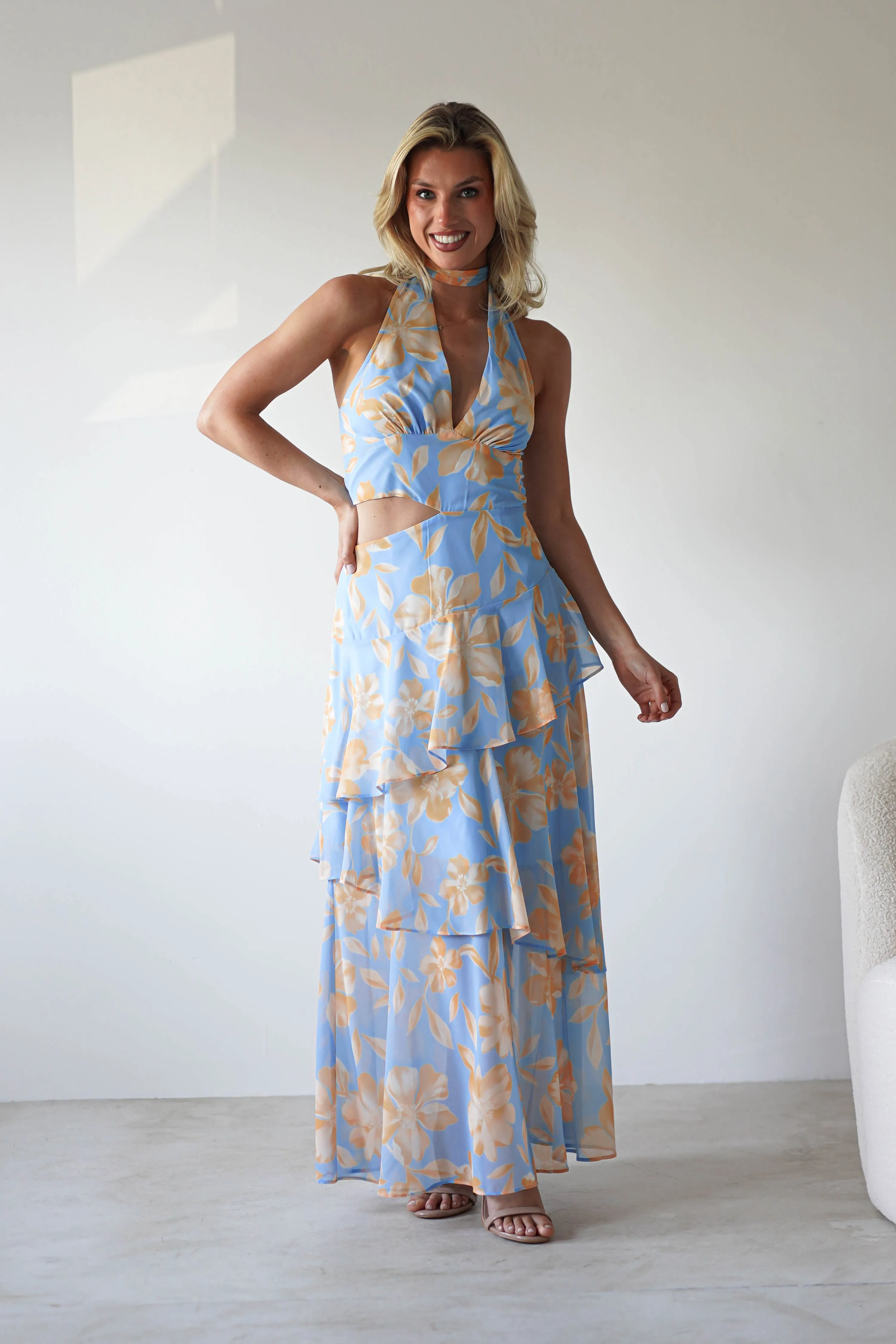 Lohan Ruffle Floral Maxi Print Dress | Blue
