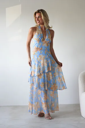 Lohan Ruffle Floral Maxi Print Dress | Blue