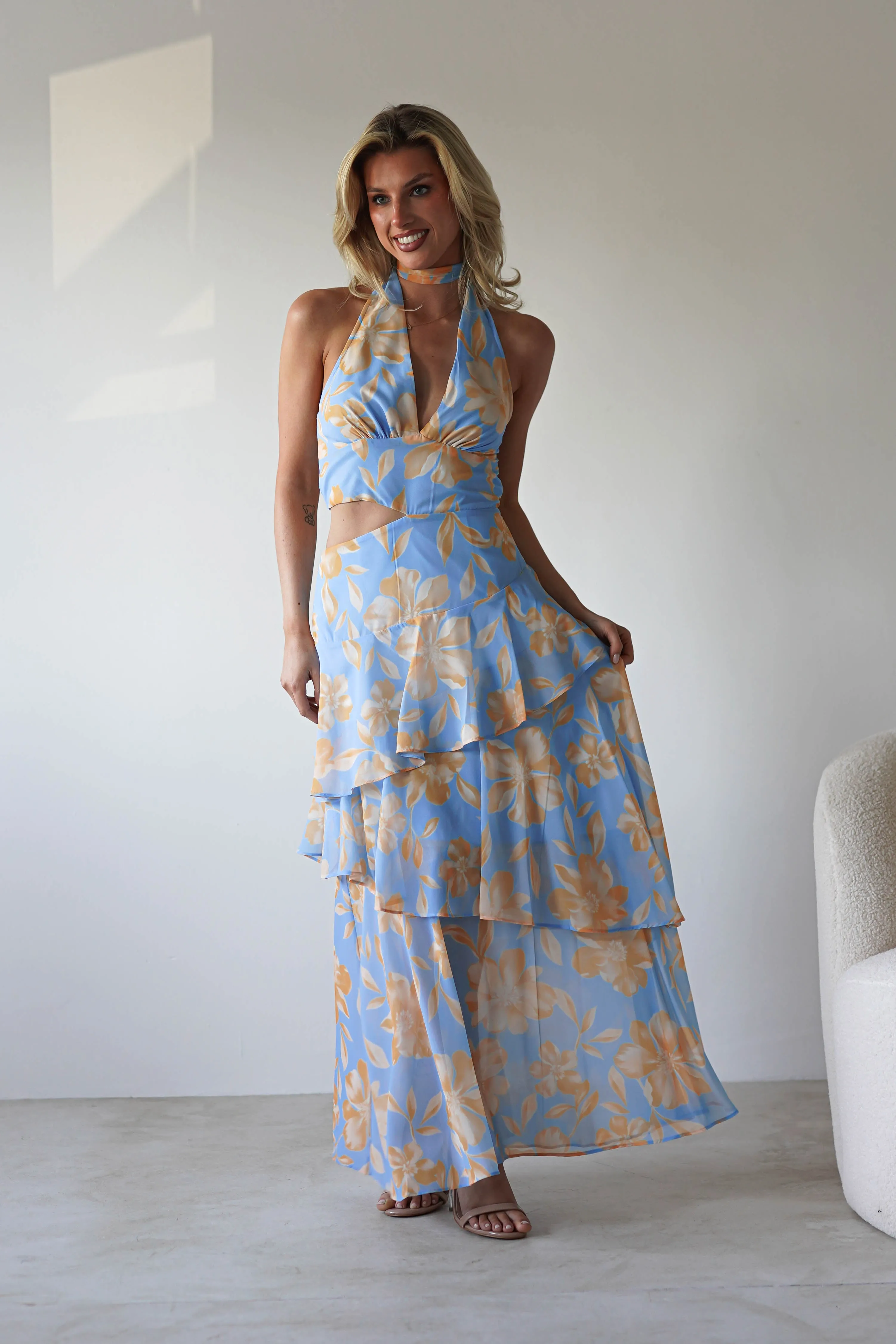 Lohan Ruffle Floral Maxi Print Dress | Blue