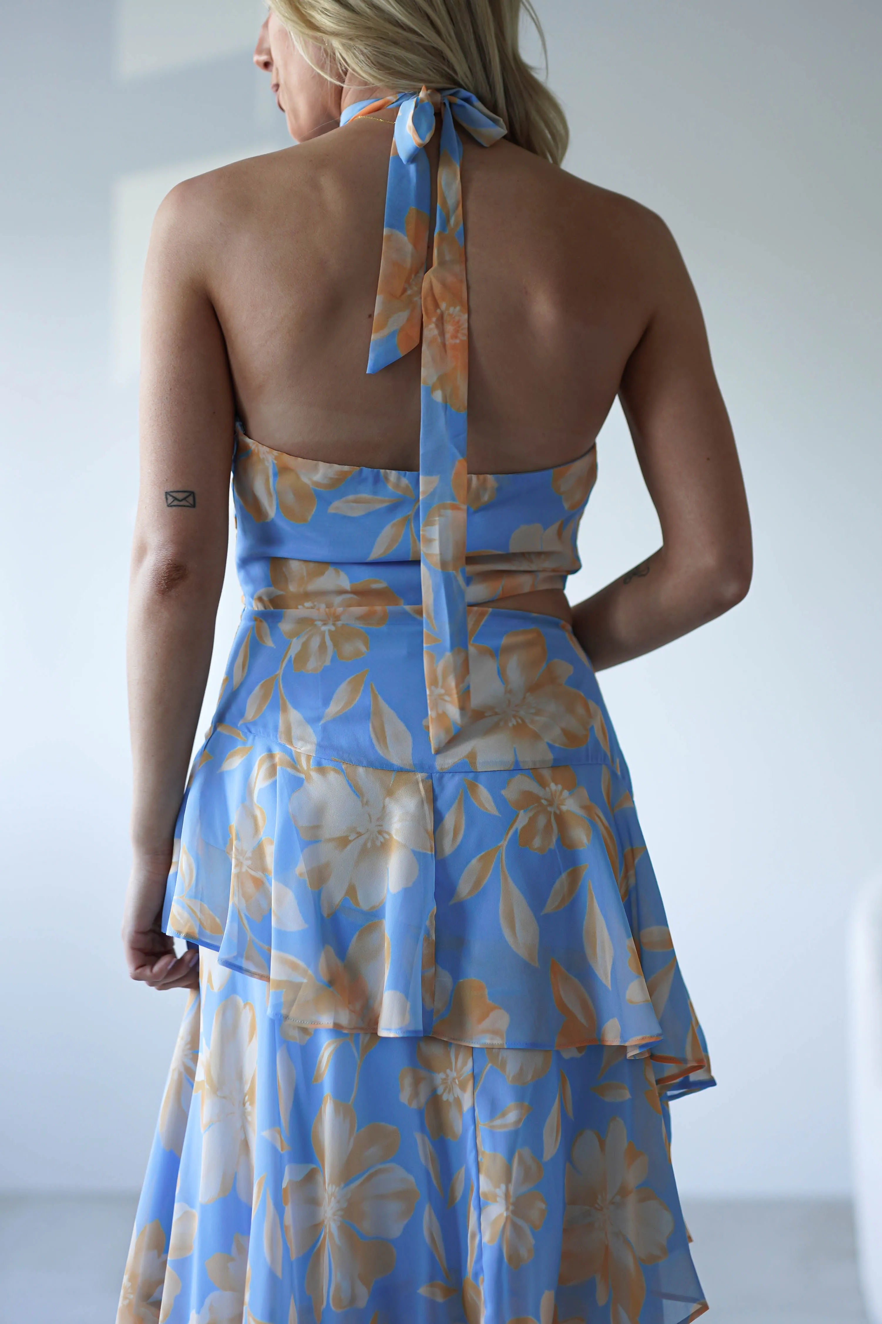 Lohan Ruffle Floral Maxi Print Dress | Blue