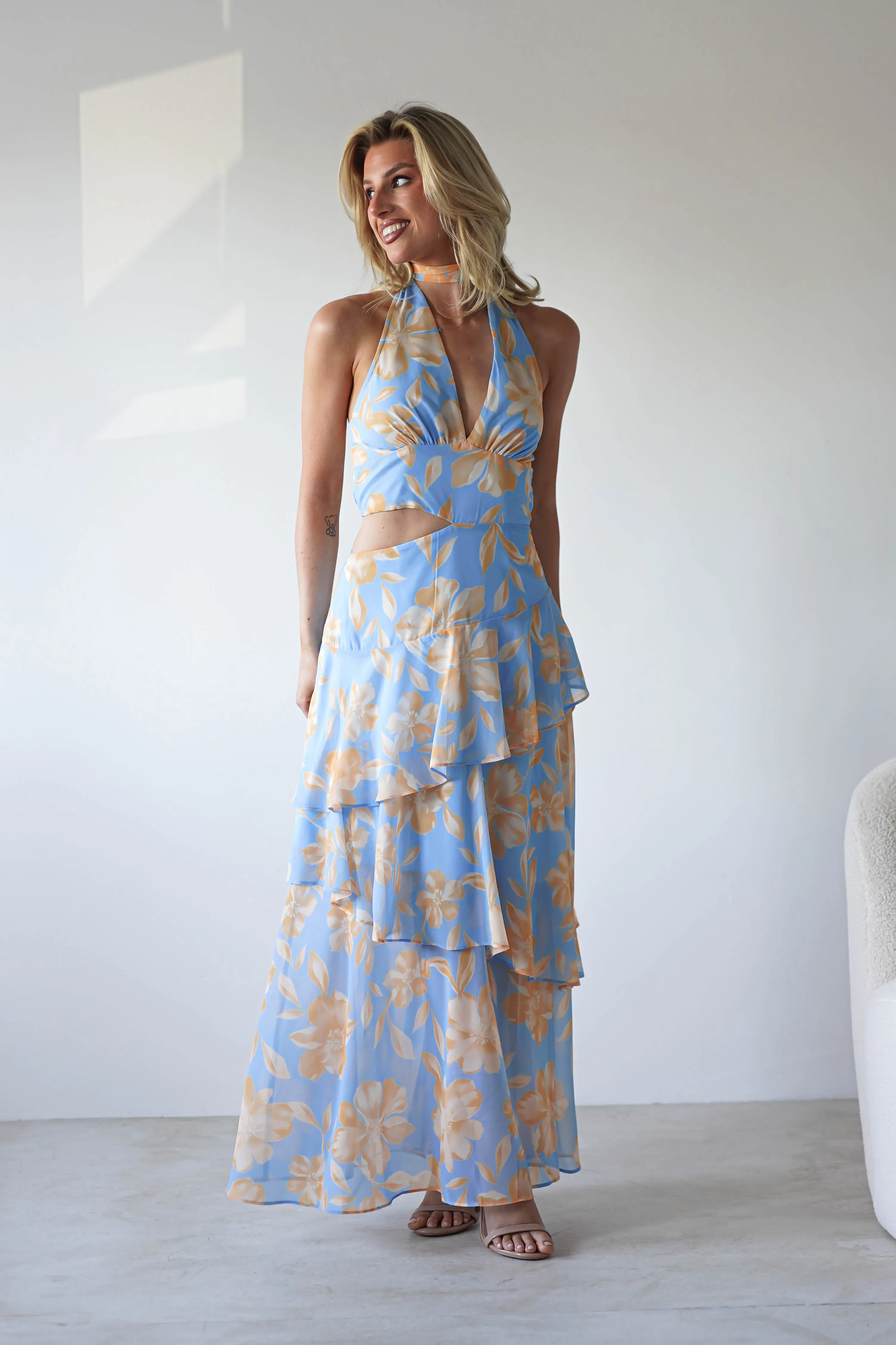 Lohan Ruffle Floral Maxi Print Dress | Blue
