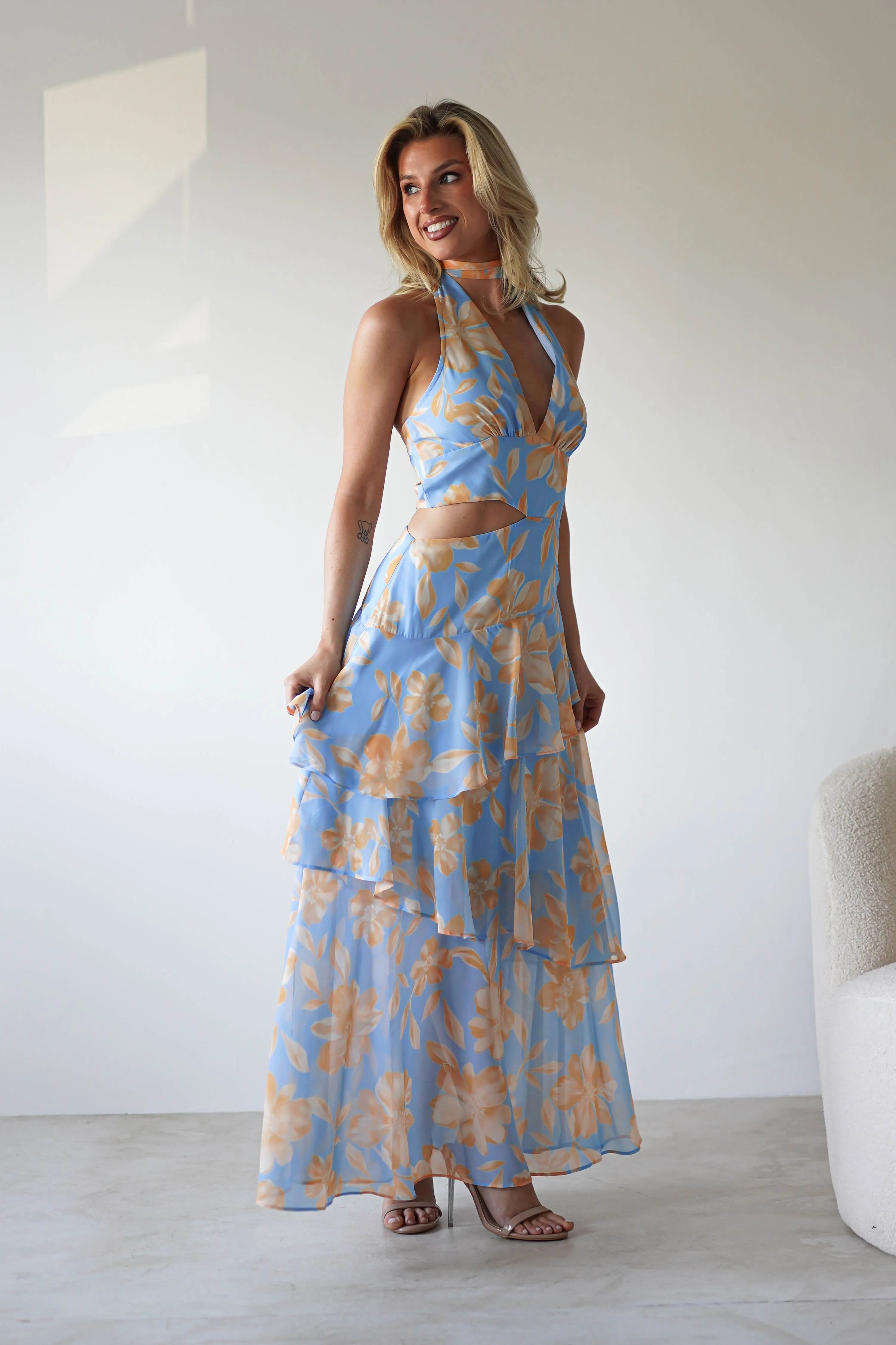 Lohan Ruffle Floral Maxi Print Dress | Blue