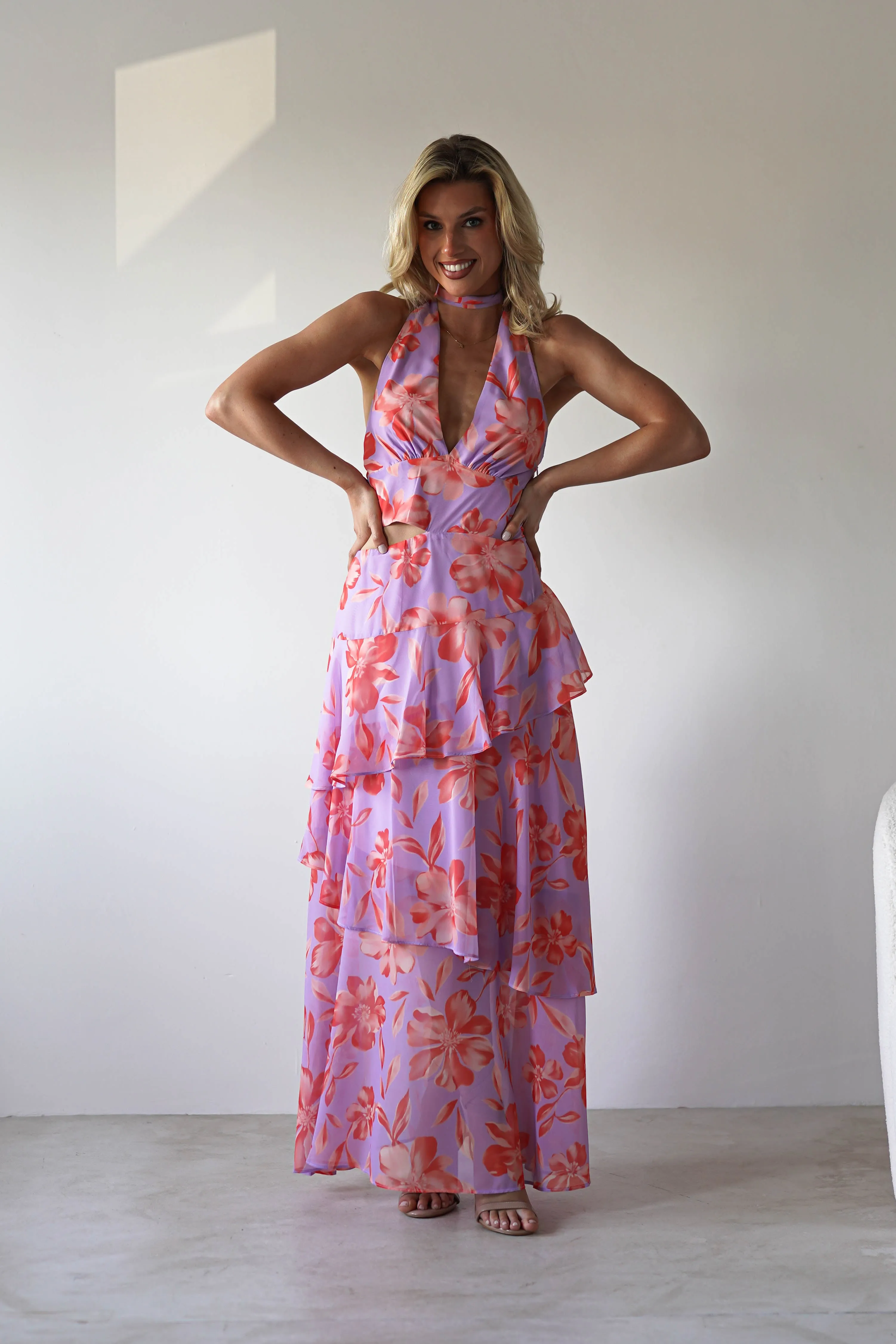 Lohan Ruffle Floral Maxi Print Dress | Lilac