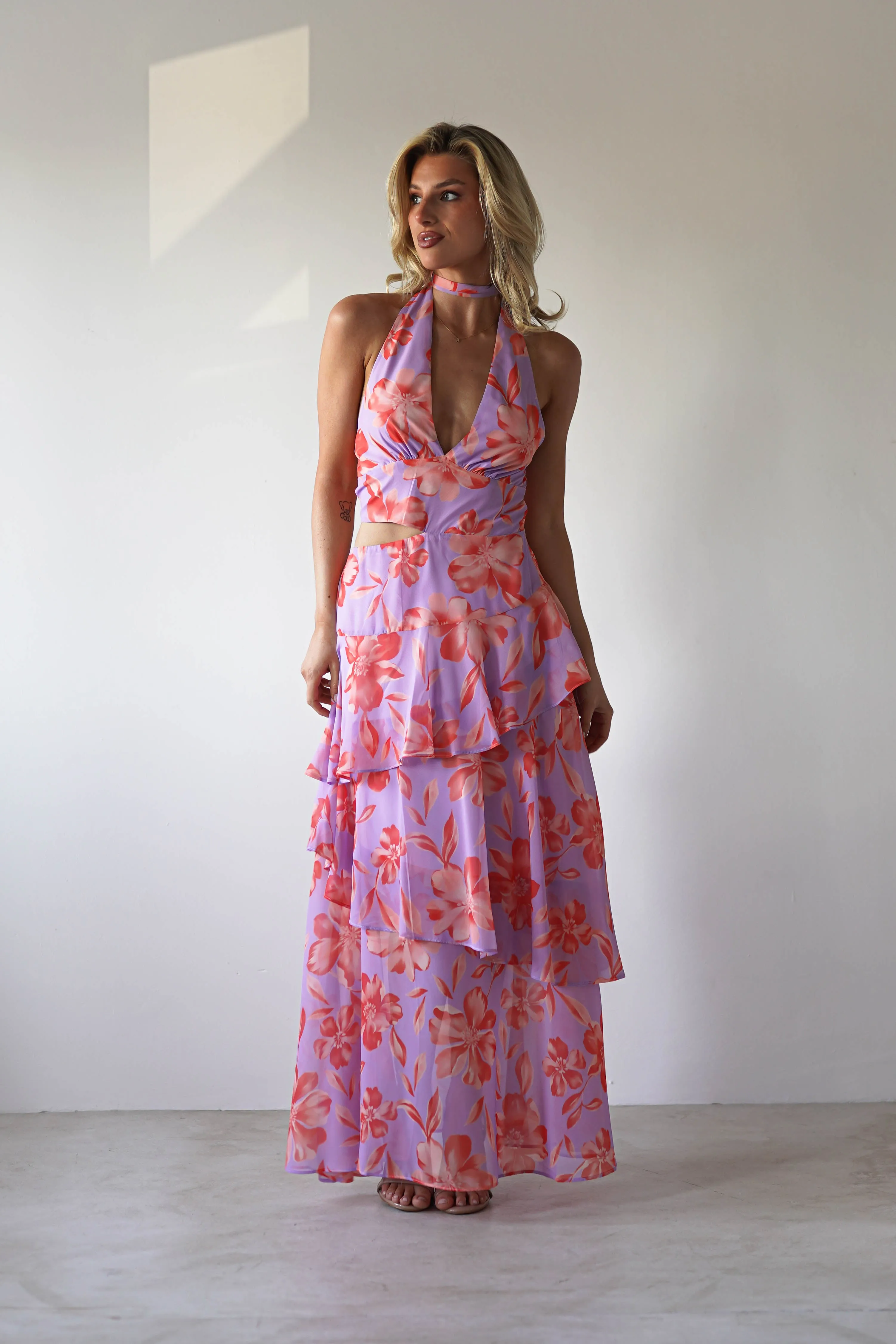 Lohan Ruffle Floral Maxi Print Dress | Lilac