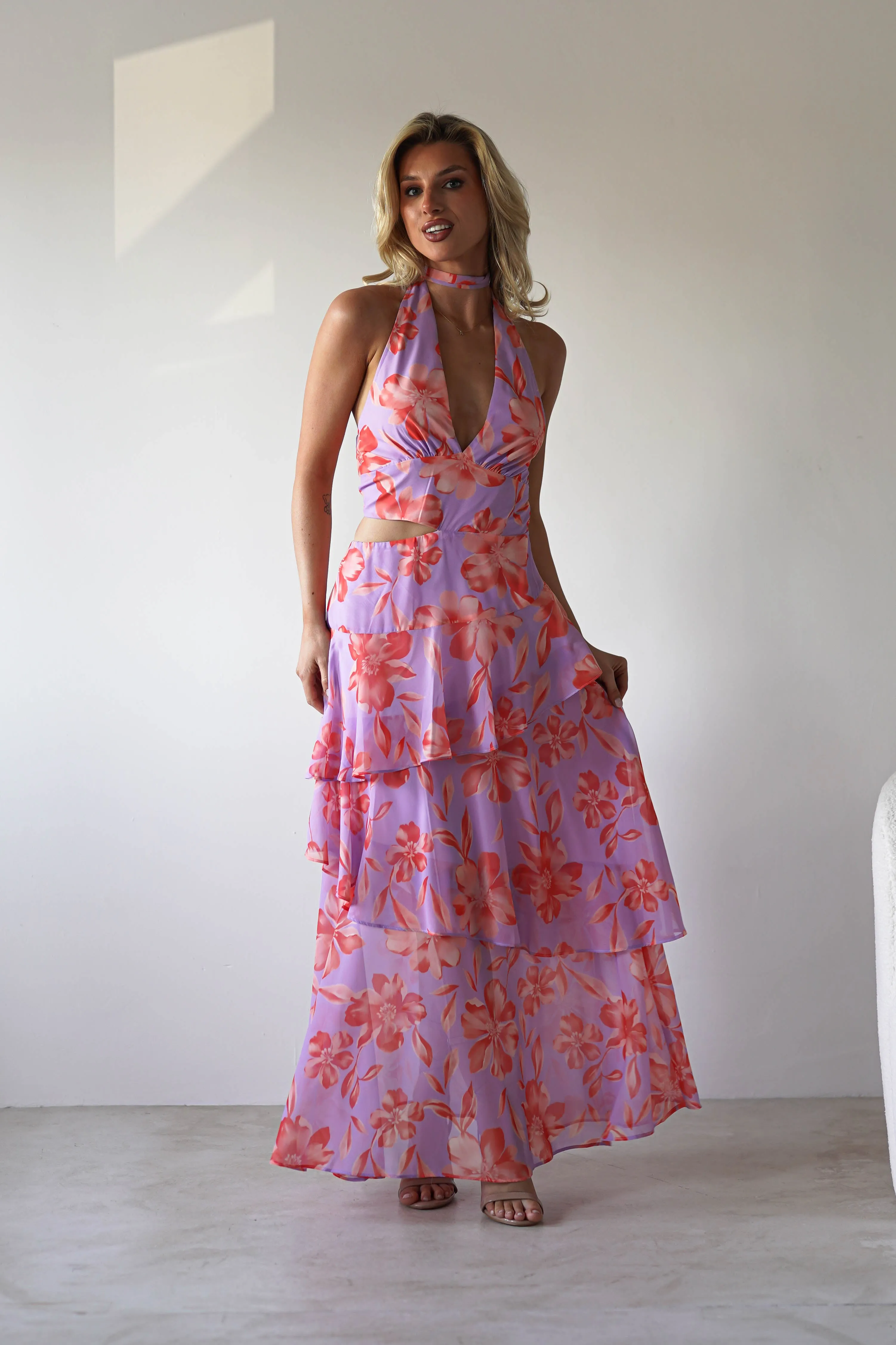 Lohan Ruffle Floral Maxi Print Dress | Lilac