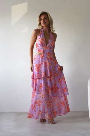 Lohan Ruffle Floral Maxi Print Dress | Lilac