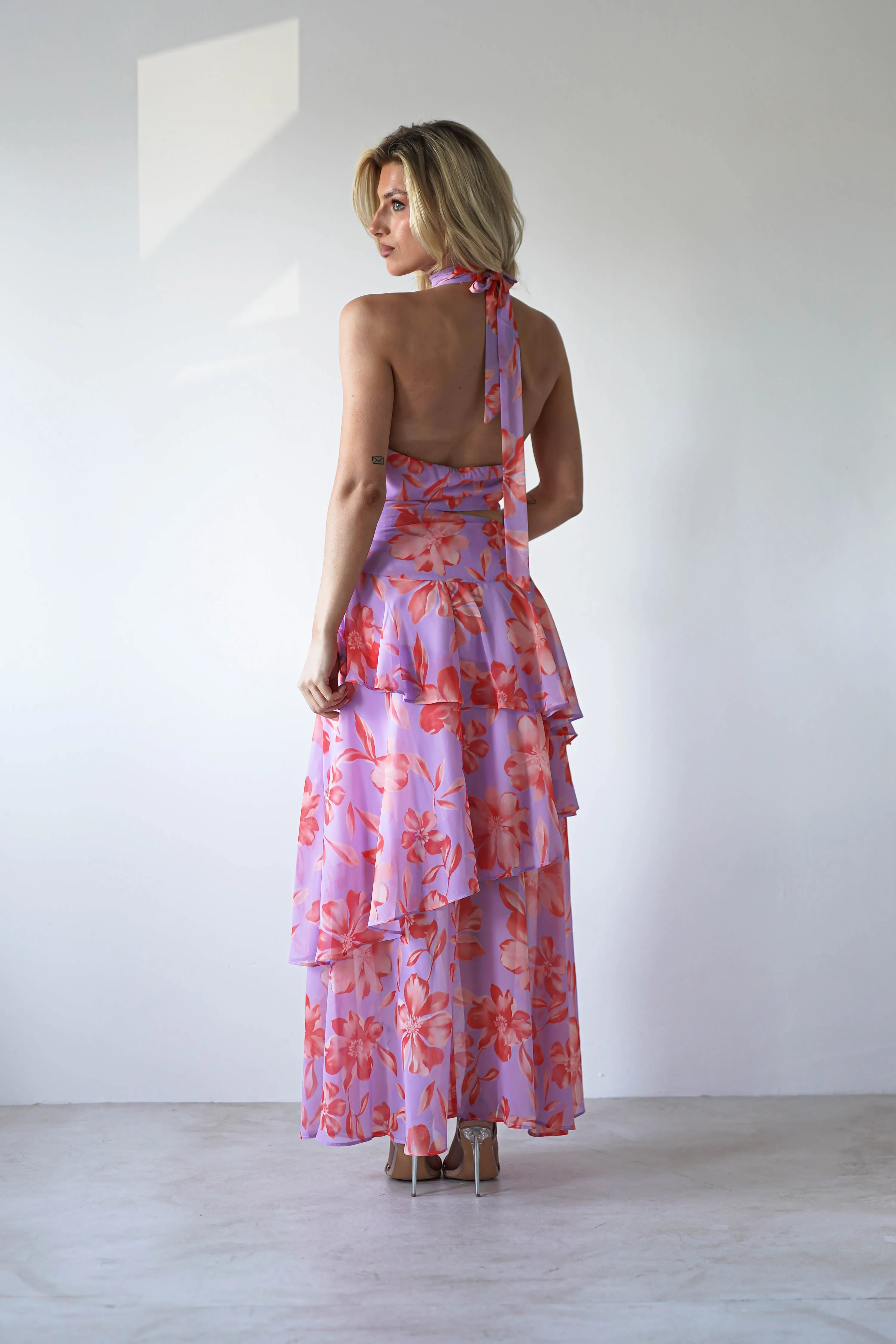 Lohan Ruffle Floral Maxi Print Dress | Lilac