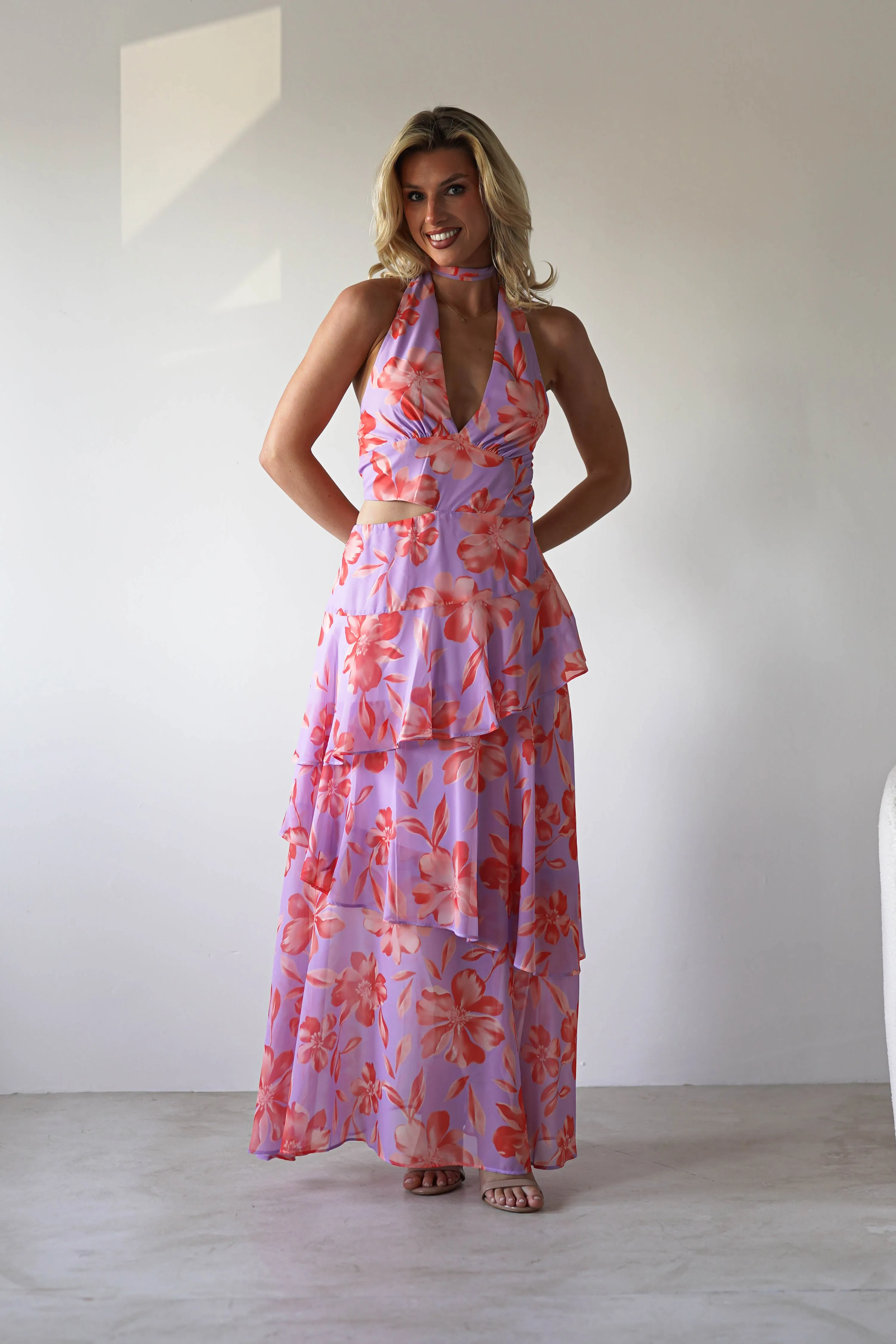 Lohan Ruffle Floral Maxi Print Dress | Lilac