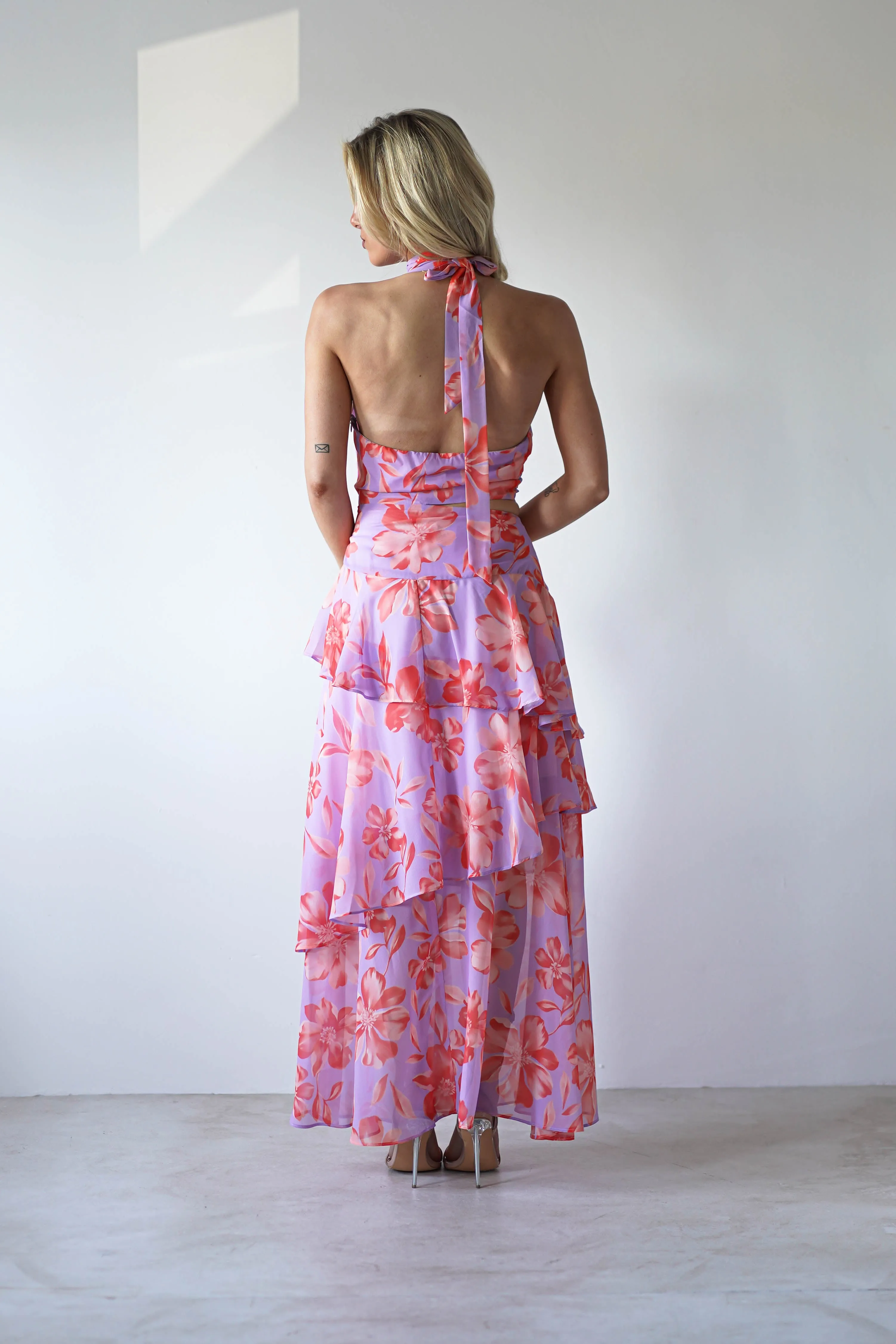Lohan Ruffle Floral Maxi Print Dress | Lilac