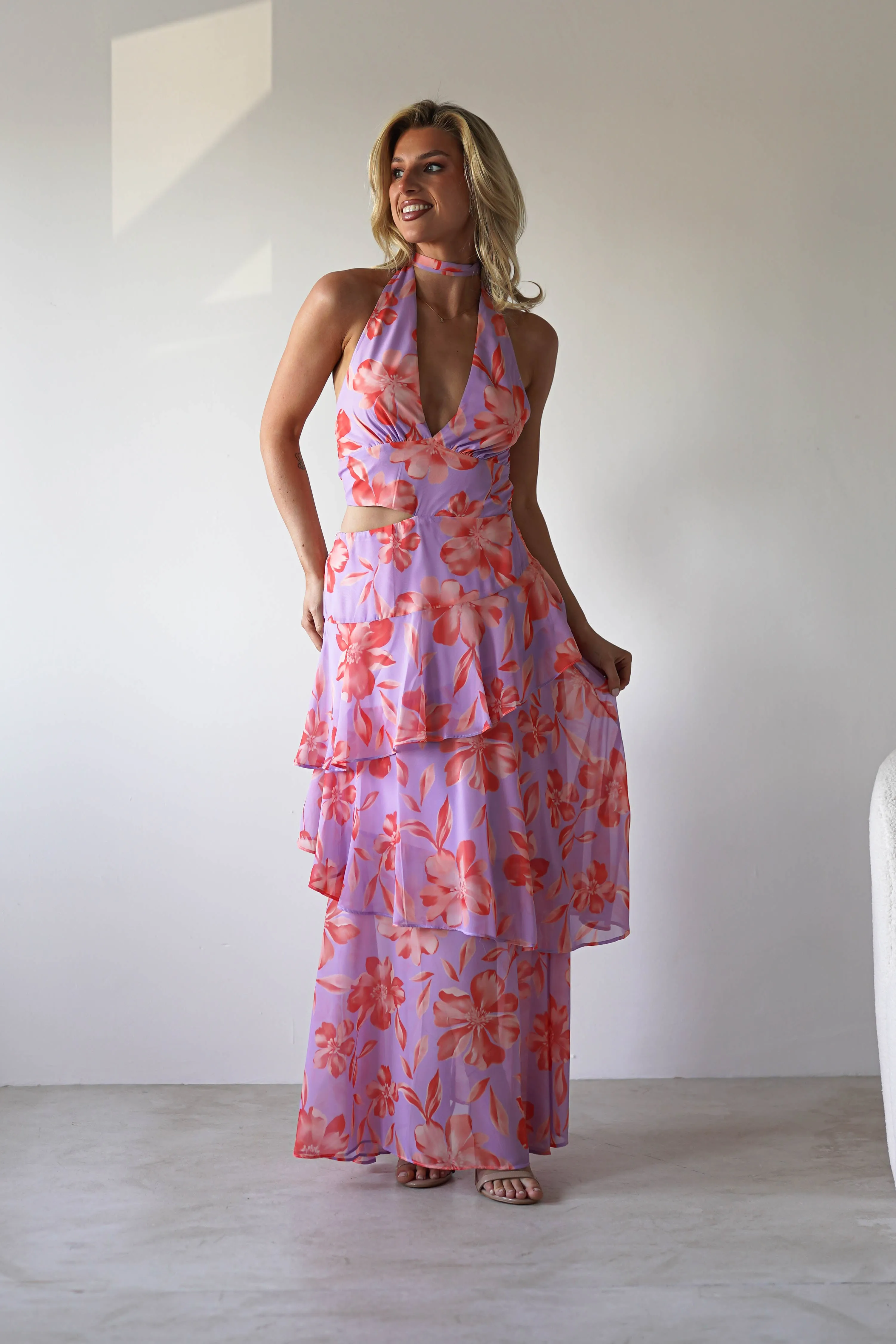 Lohan Ruffle Floral Maxi Print Dress | Lilac