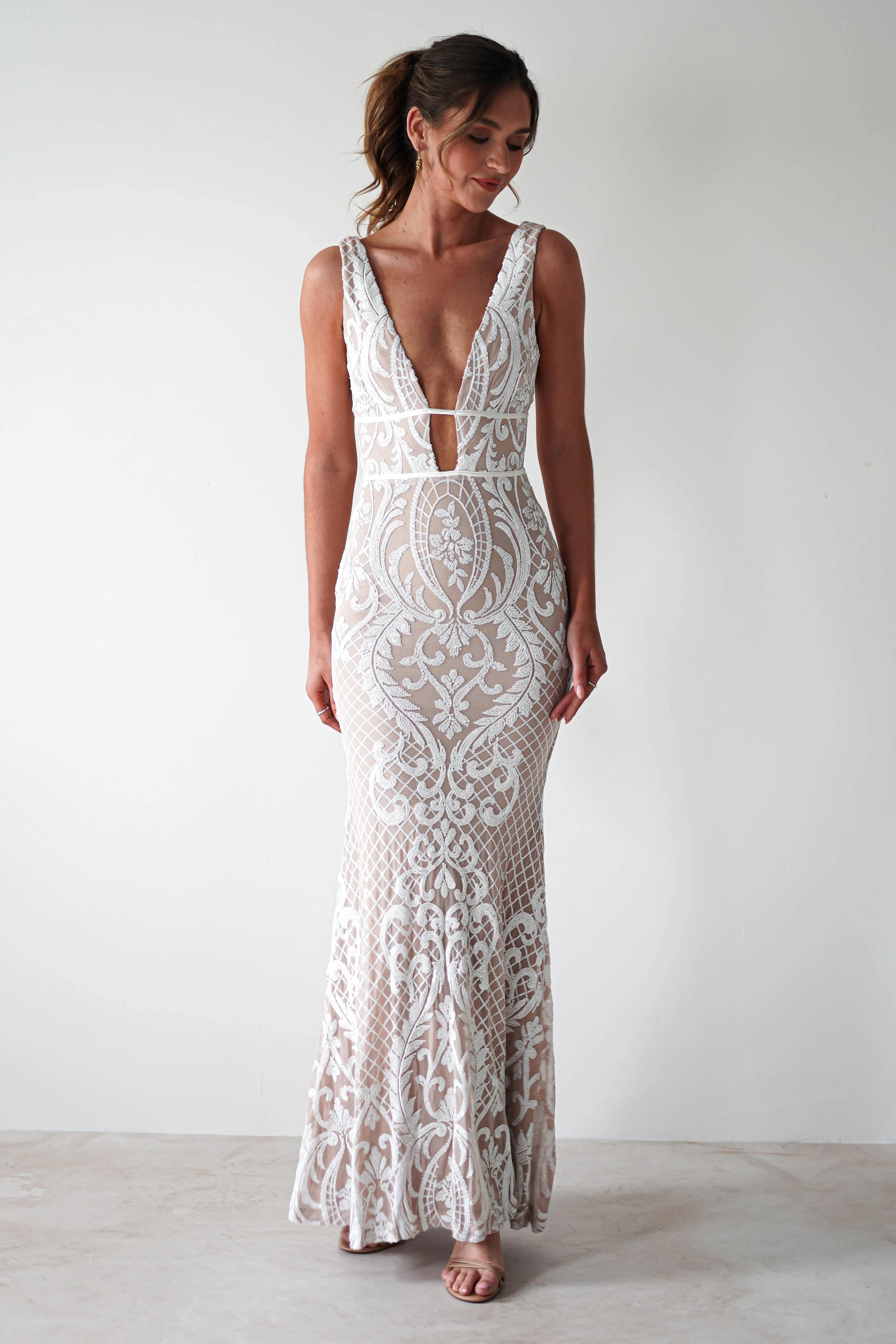 Lorenza Plunge Sequin Gown | Nude/White