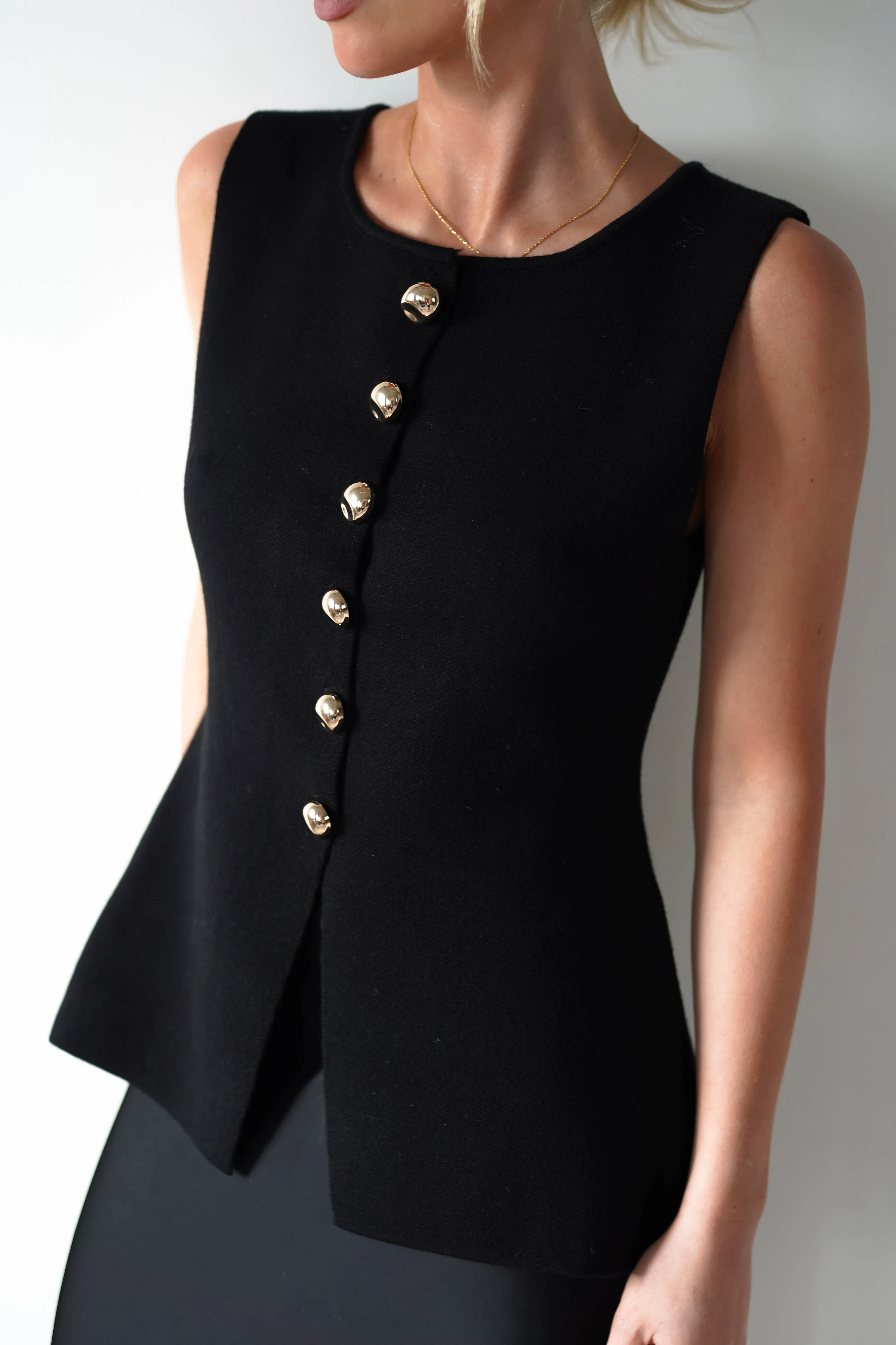 Louella Gold Button Waistcoat Top | Black