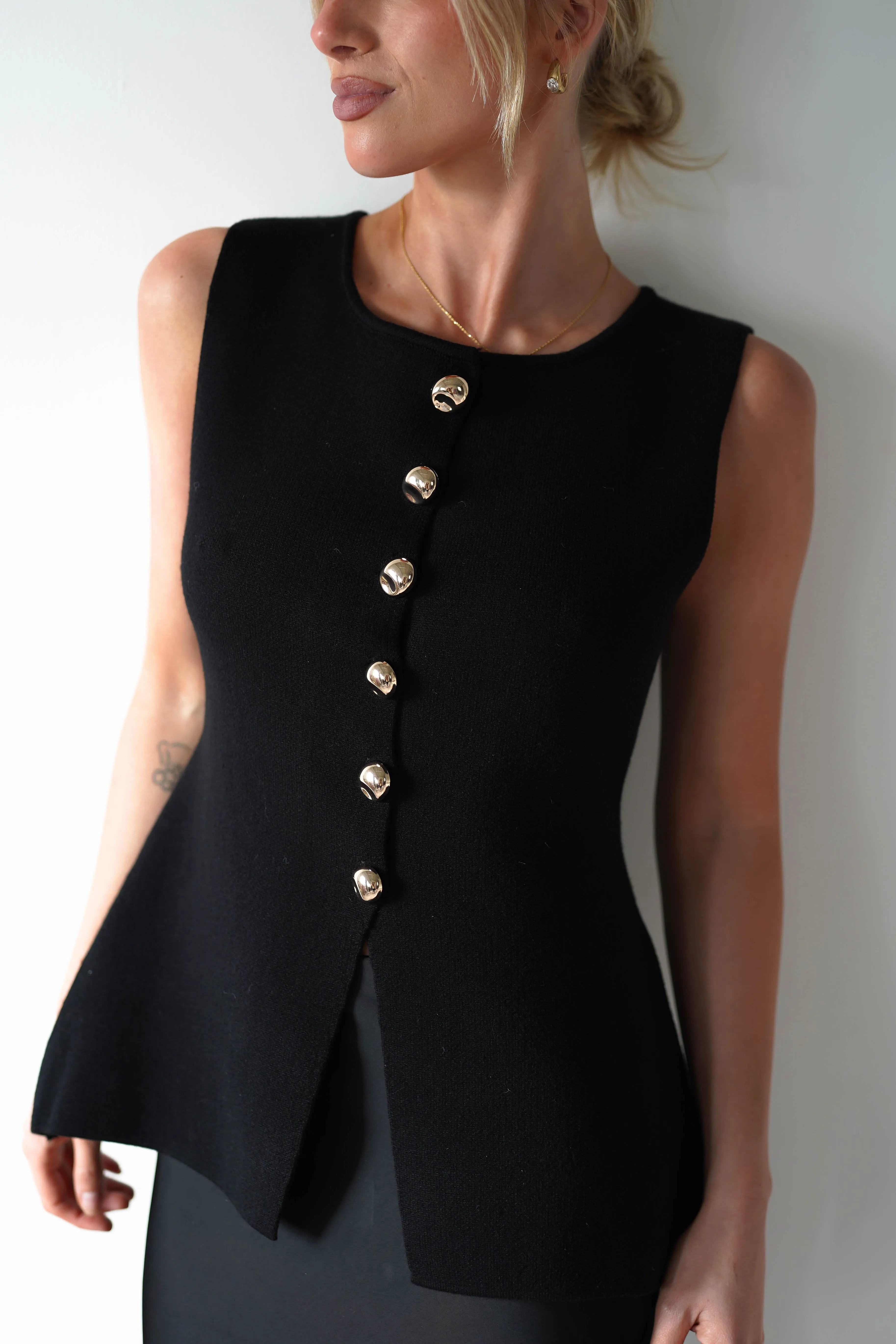 Louella Gold Button Waistcoat Top | Black