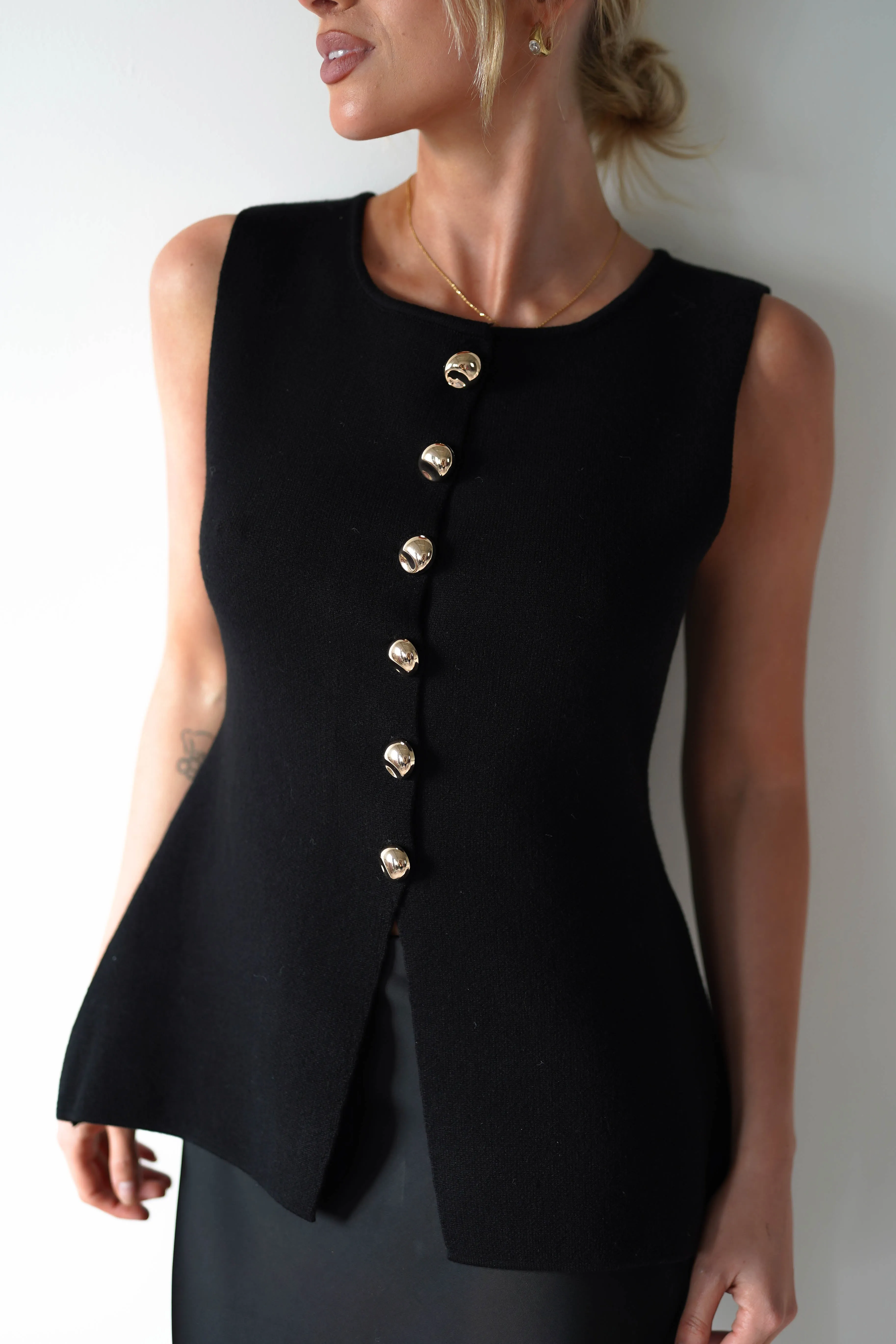 Louella Gold Button Waistcoat Top | Black