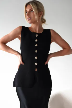 Louella Gold Button Waistcoat Top | Black