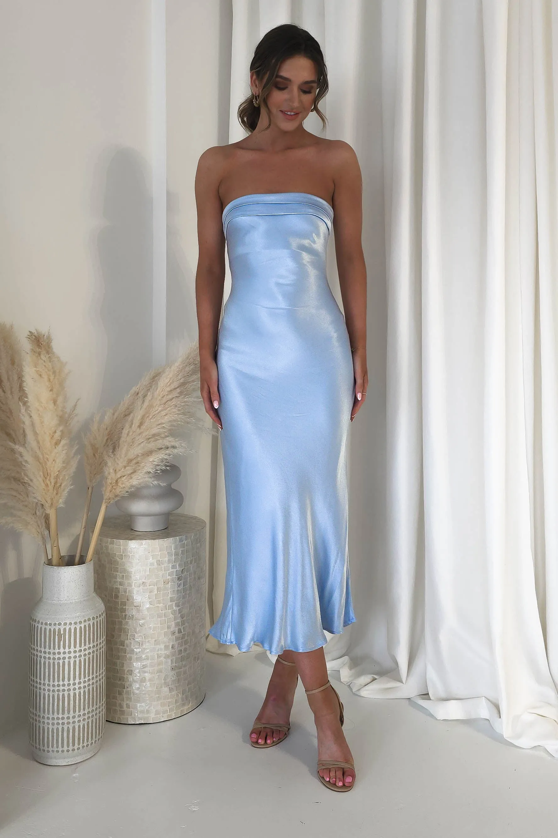 Lucia Soft Satin Slip Midi Dress Blue
