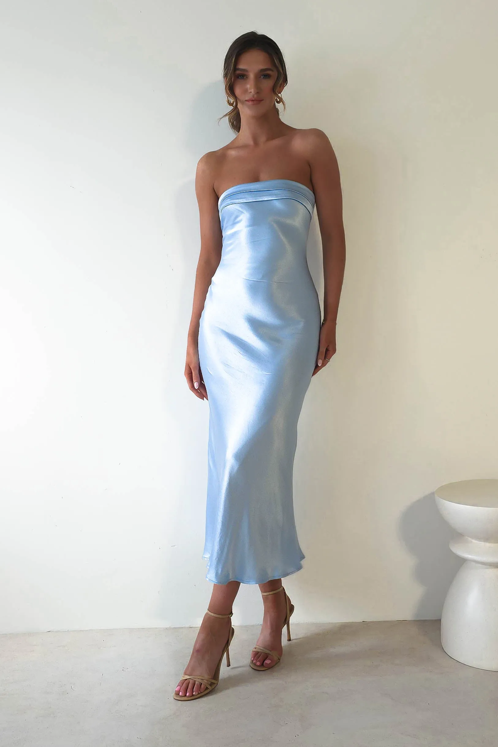 Lucia Soft Satin Slip Midi Dress Blue
