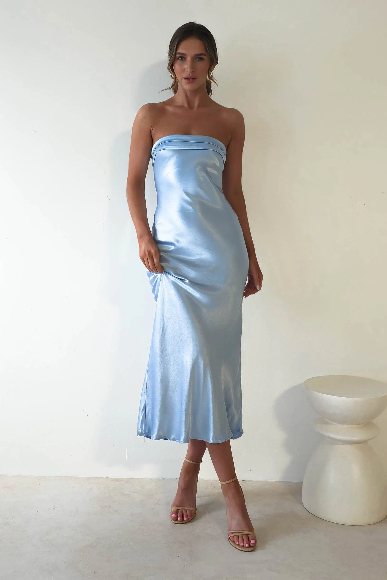 Lucia Soft Satin Slip Midi Dress Blue