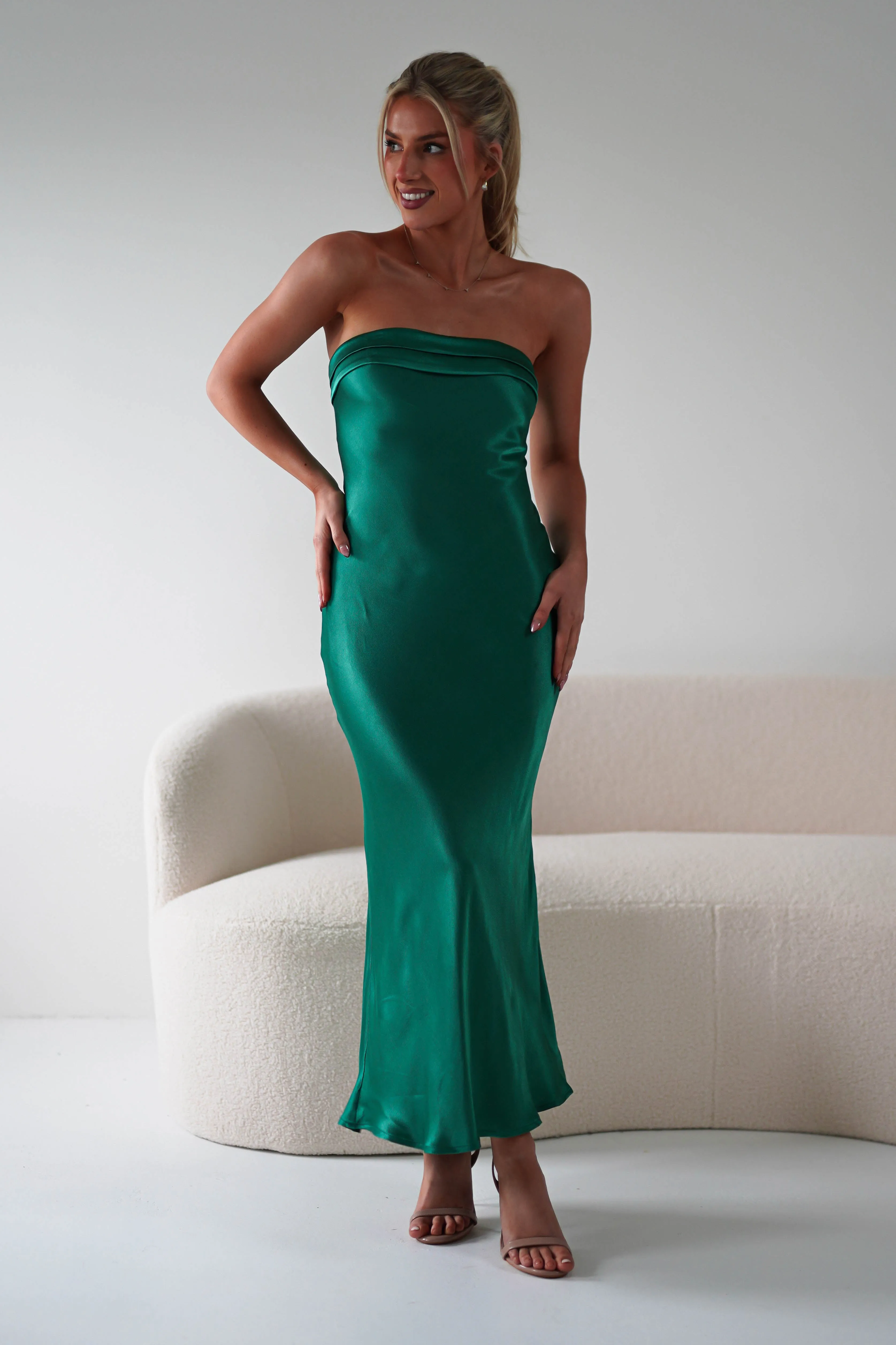 Lucia Soft Satin Slip Midi Dress | Emerald Green