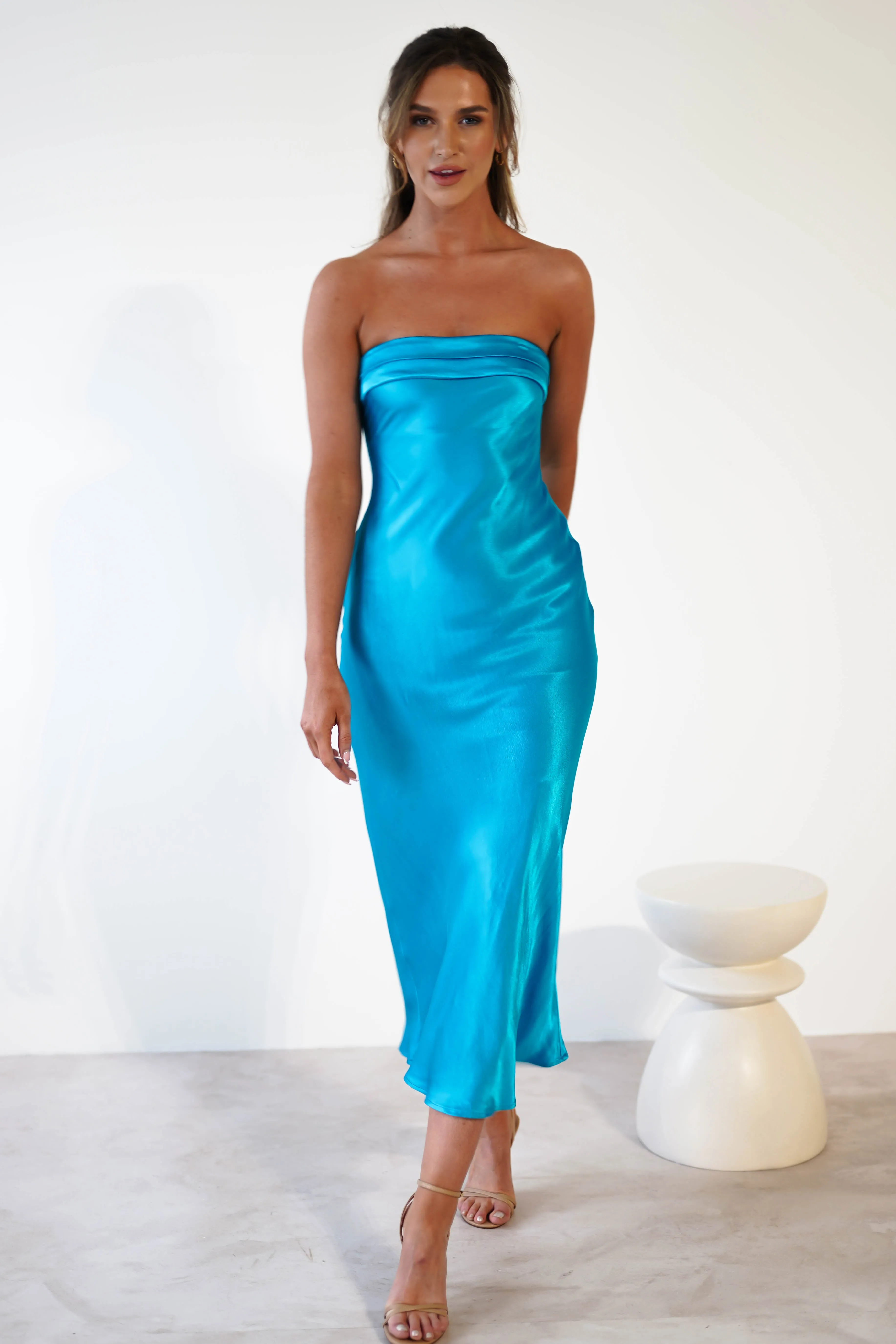 Lucia Soft Satin Slip Midi Dress | Turquoise