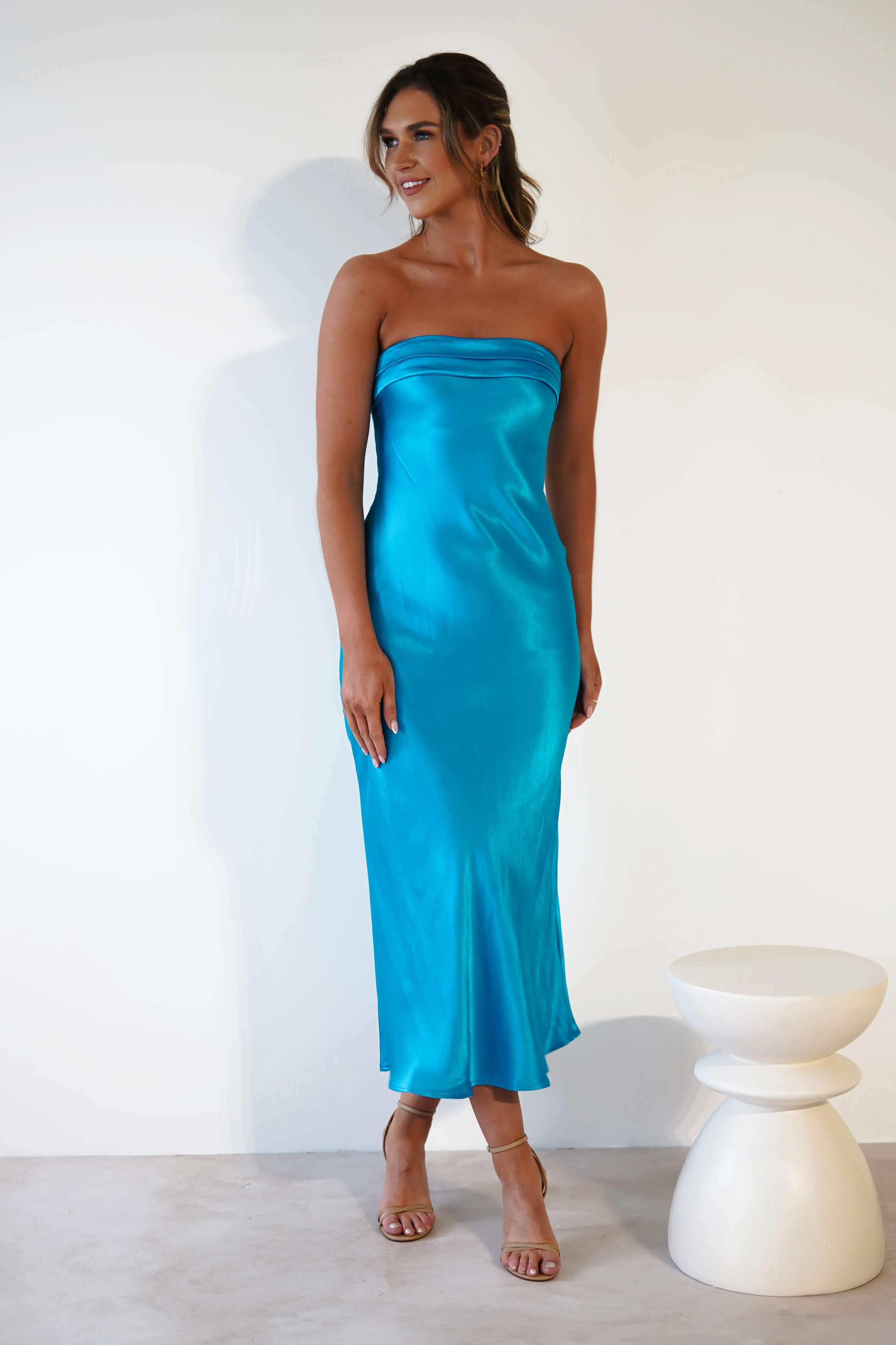 Lucia Soft Satin Slip Midi Dress | Turquoise