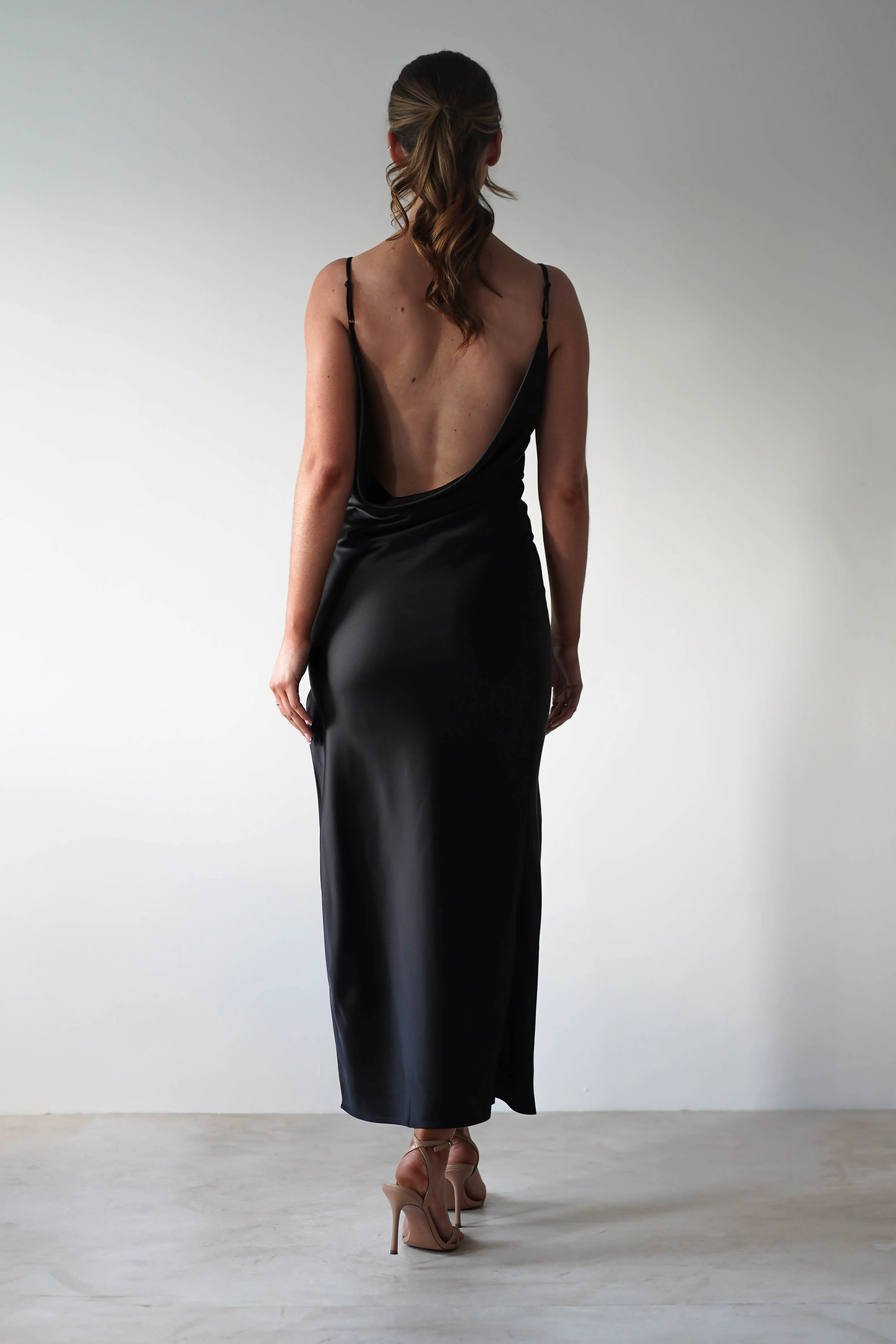 Luiza Low Back Satin Maxi Dress | Black