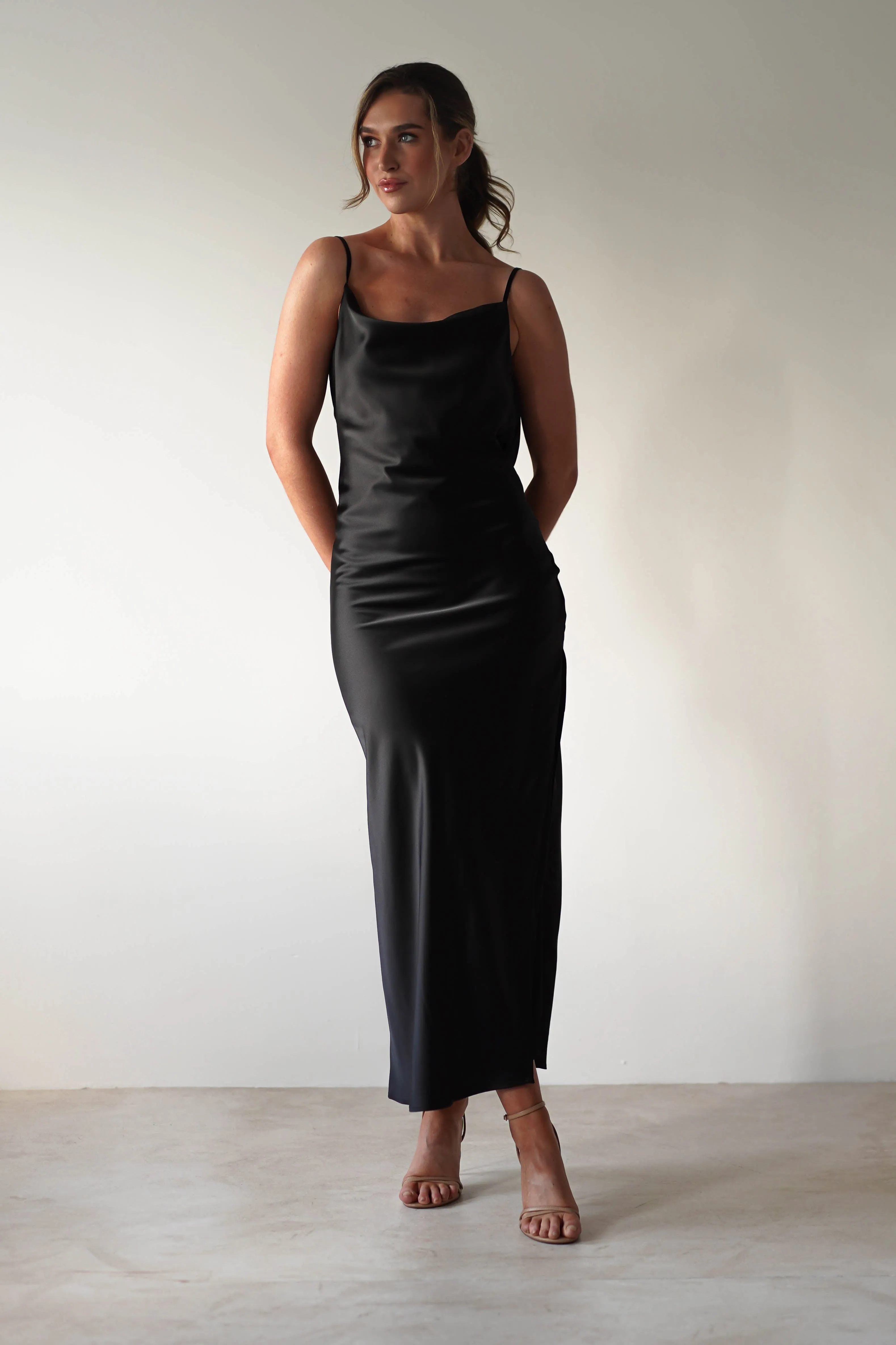 Luiza Low Back Satin Maxi Dress | Black