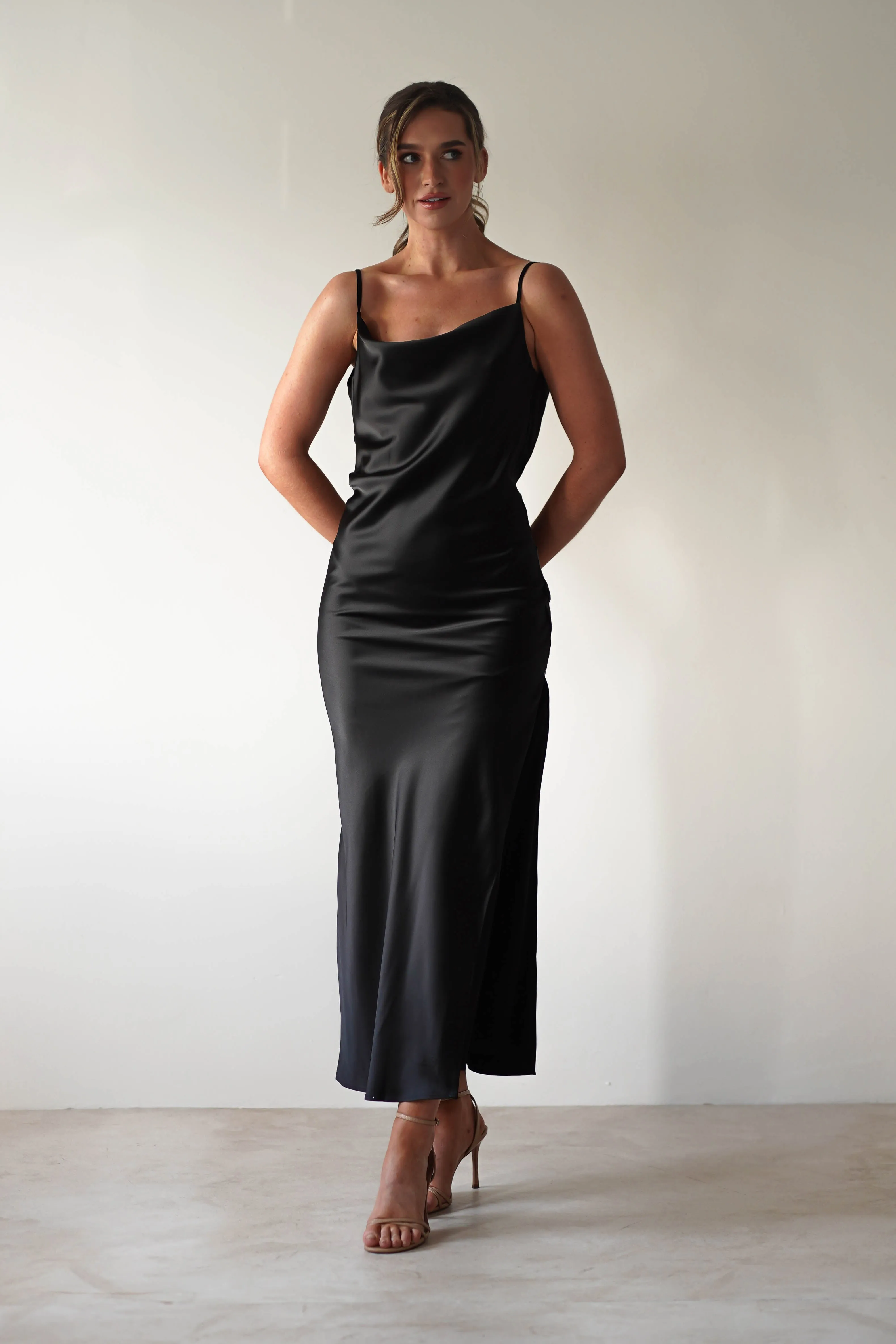 Luiza Low Back Satin Maxi Dress | Black