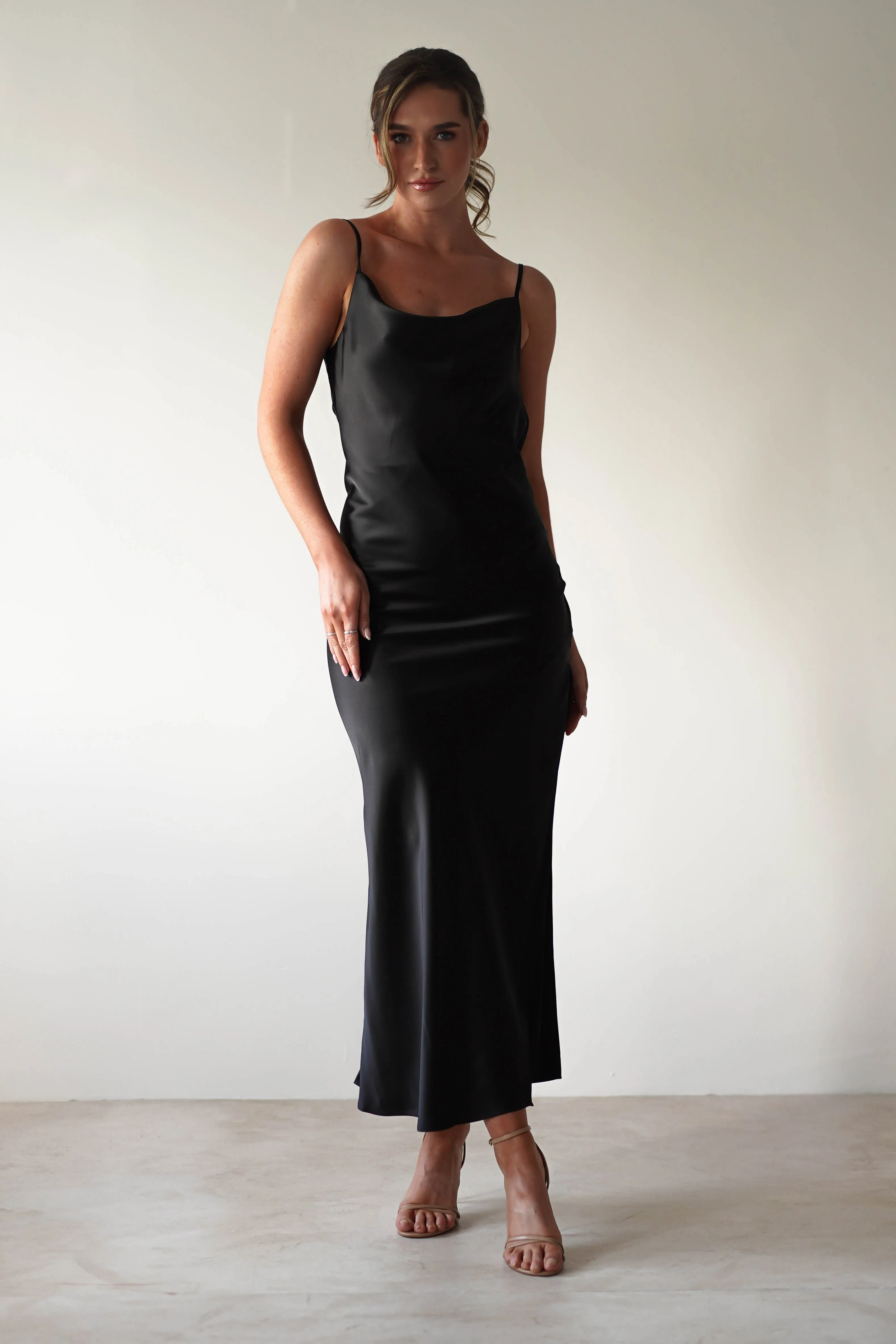 Luiza Low Back Satin Maxi Dress | Black