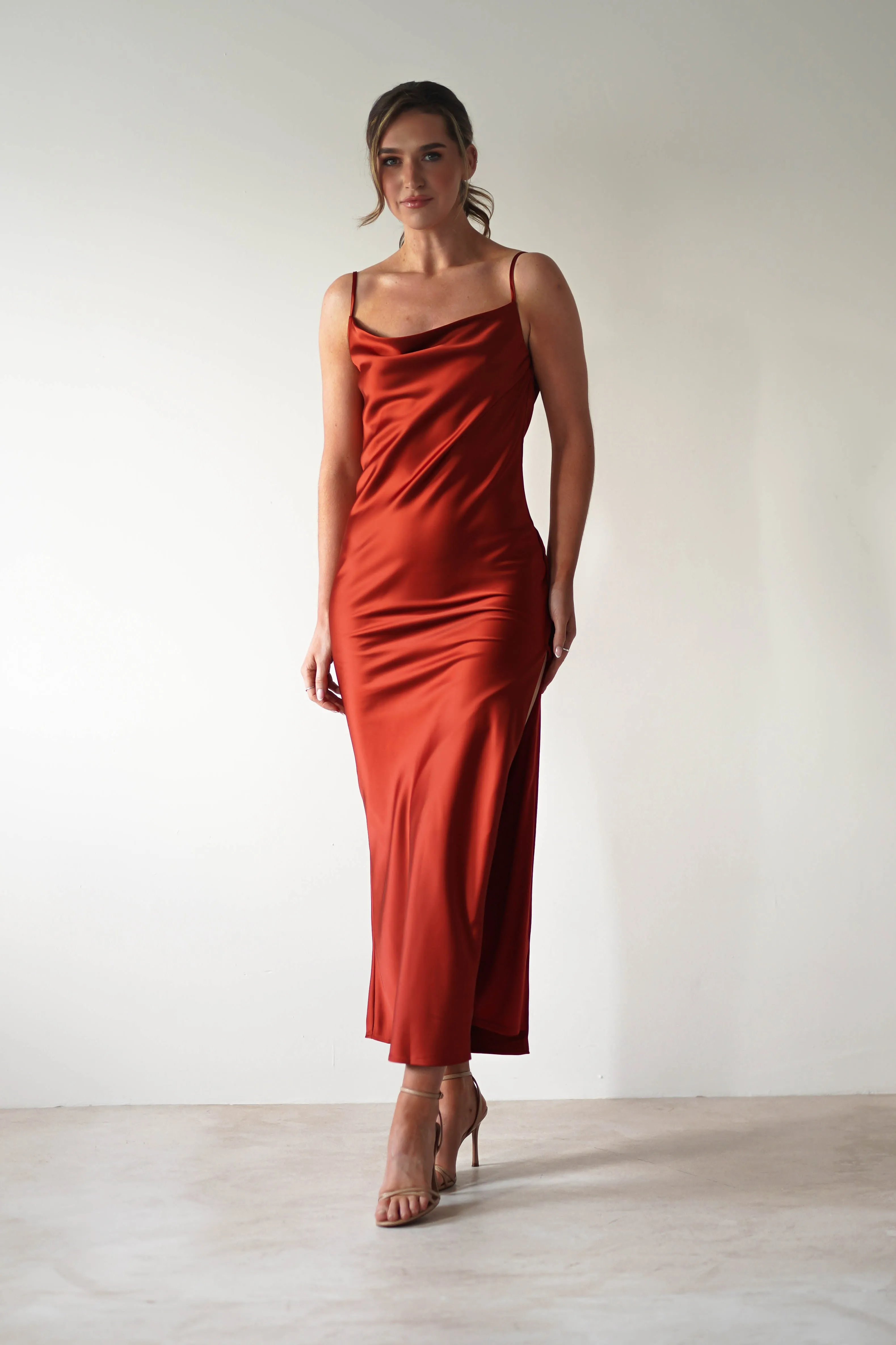 Luiza Low Back Satin Maxi Dress | Rust
