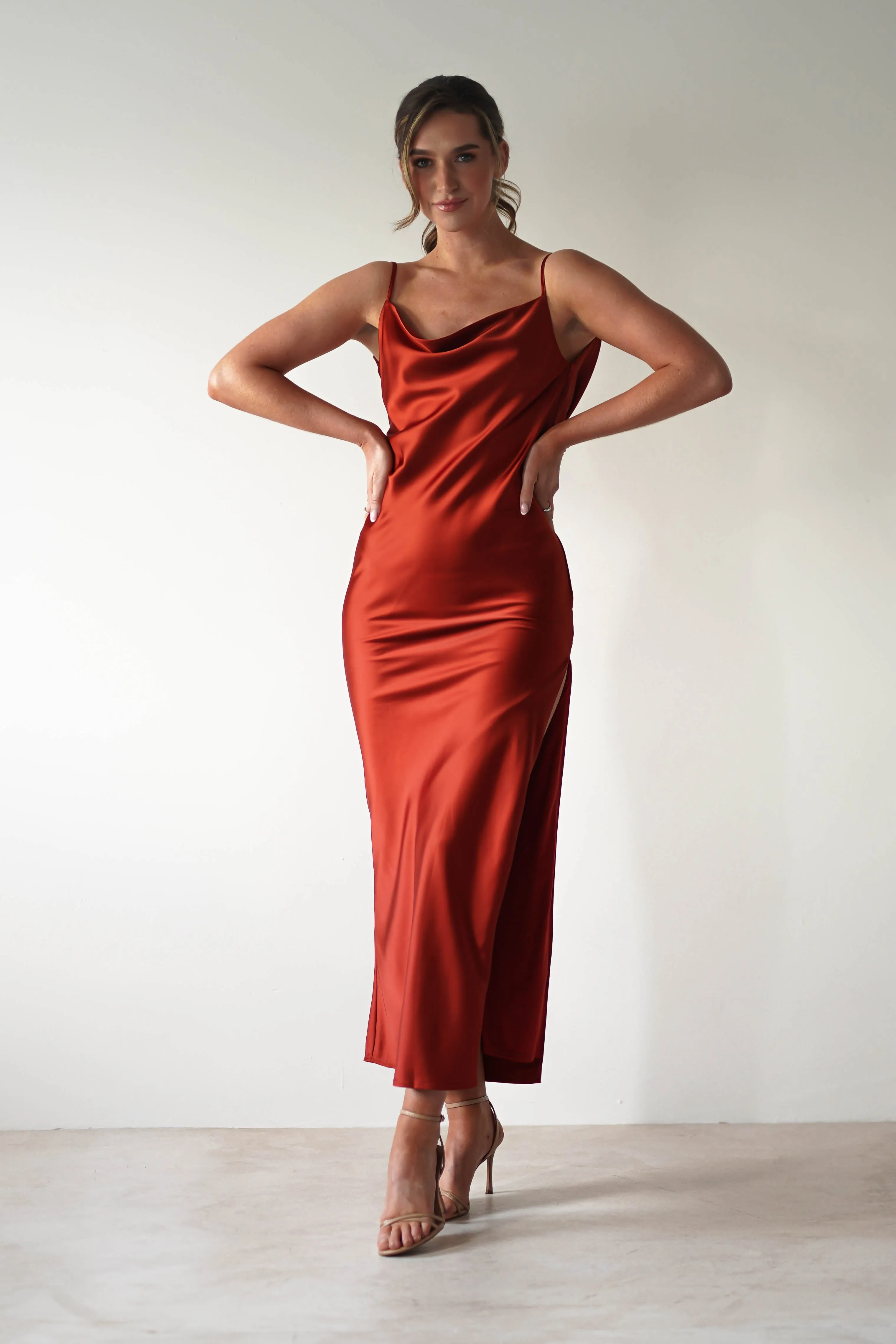 Luiza Low Back Satin Maxi Dress | Rust